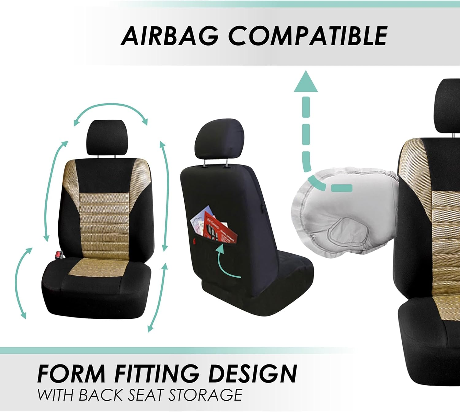 FH Group Car Seat Covers Full Set Beige 3D Air Mesh - Universal Fit, Automotive Seat Covers, Low Back Seat Cover, Airbag Compatible, Split Bench Rear Seat, Washable Car Seat Cover for SUV, Sedan image number 3
