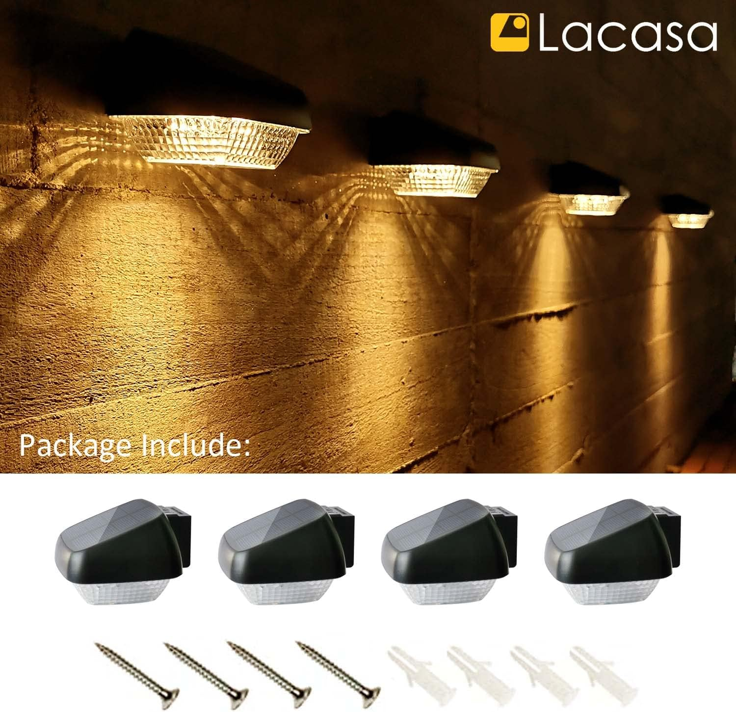 Lacasa Solar Outdoor Lights, 4 Pack Solar Fence Lights Solar Powered Step Lights Warm White 2700K, LED Solar Deck Lights Auto On/Off Waterproof IP65 Solar Wall Lights for Garden Patio Yard Stairs image number 3