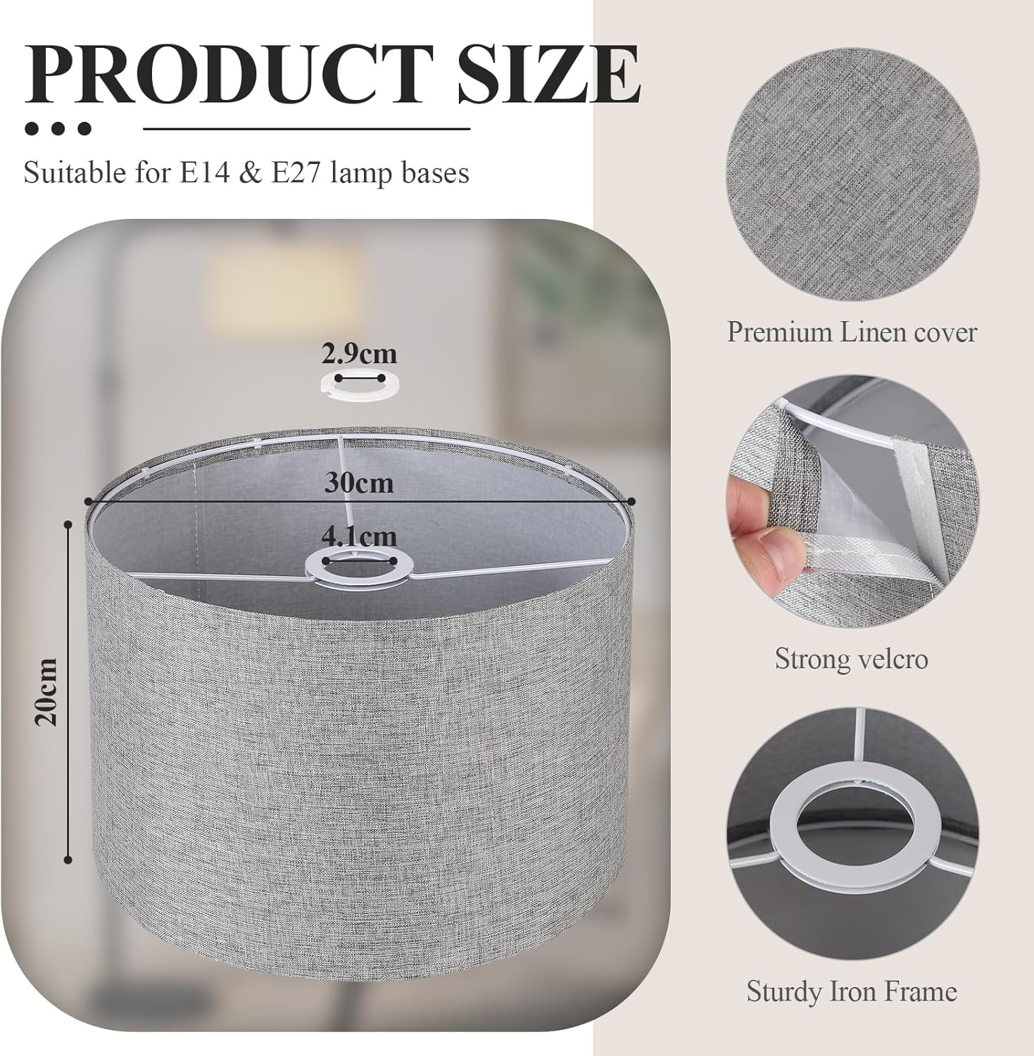 EFUTURETIME Fabric Lampshade Height 20 X Diameter 30 Cm round Cylindrical Natural Linen Suitable for E14/E27 Sockets for Floor Lamp, Ceiling Lamp, Wall Lamp, Bedside Lamp, Table Lamp, Grey