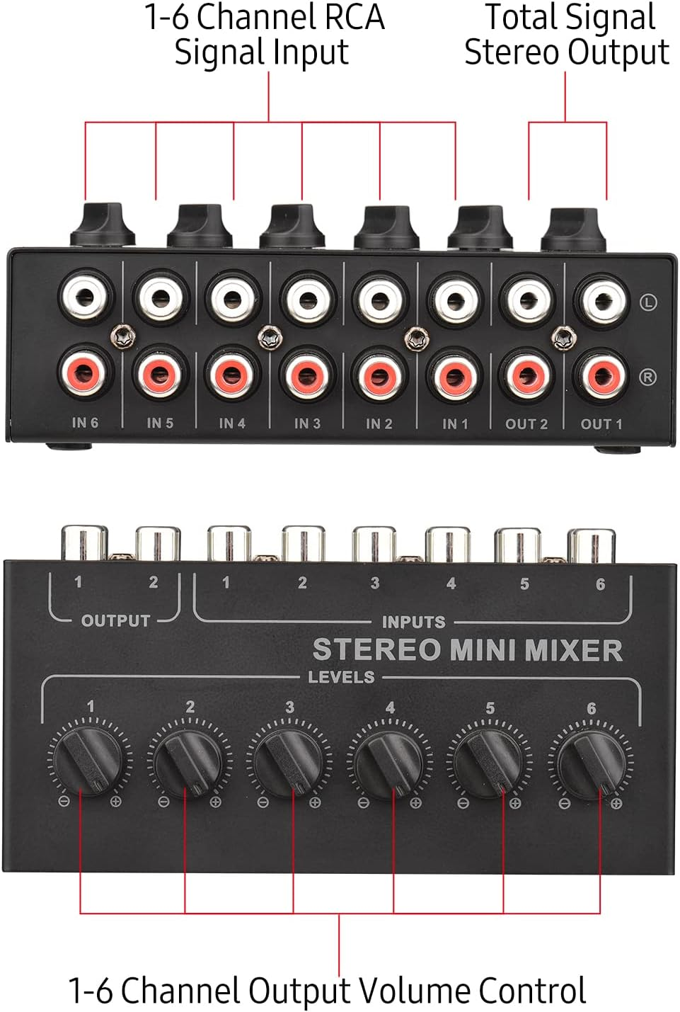 Stereo Mini Mixer, Mini Stereo 6 Channel Passive Mixer RCA Portable Audio Mixer 6 in 2 Out Stereo Distributor Volume Control No Battery Required image number 2