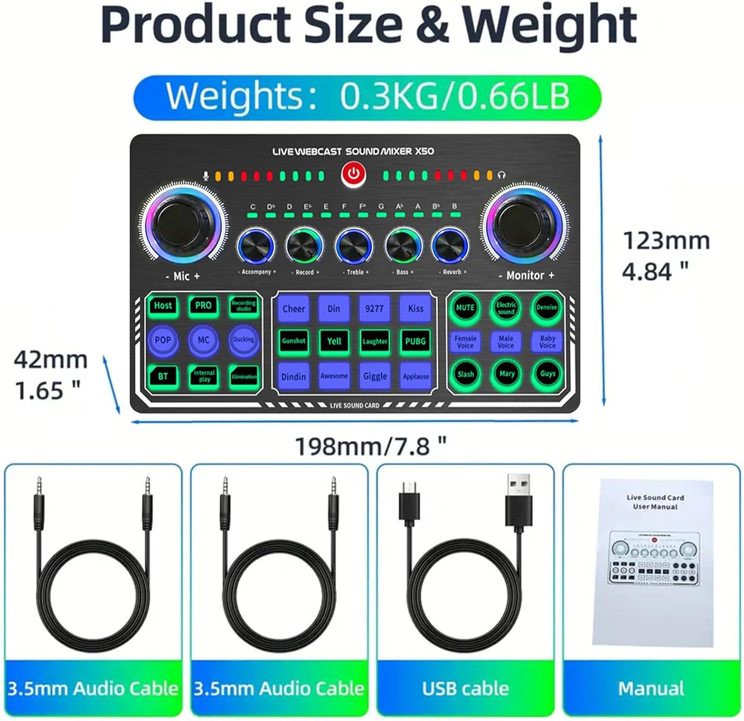 Annuoyi Professional Audio Mixer,Sound Card Mixer,X50 Portable Audio Mixer with DJ Mixer Effects and Voice Changer for Singing/Pc Video Chat/Live Streaming/Broadcast/Karaoke