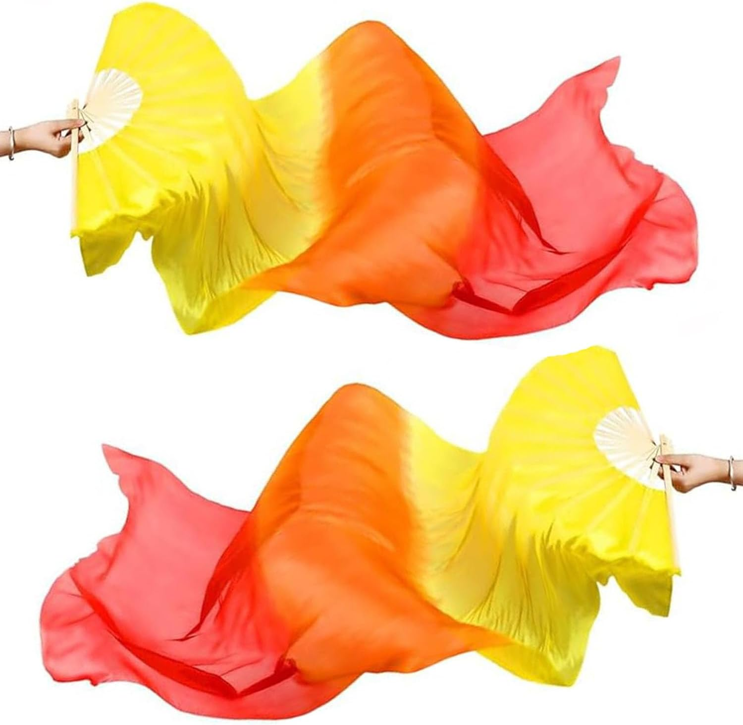 Silk Belly Dance Fan Veil, 1 Pair Long Folding Fans, Bamboo Fan for Belly and National Dance