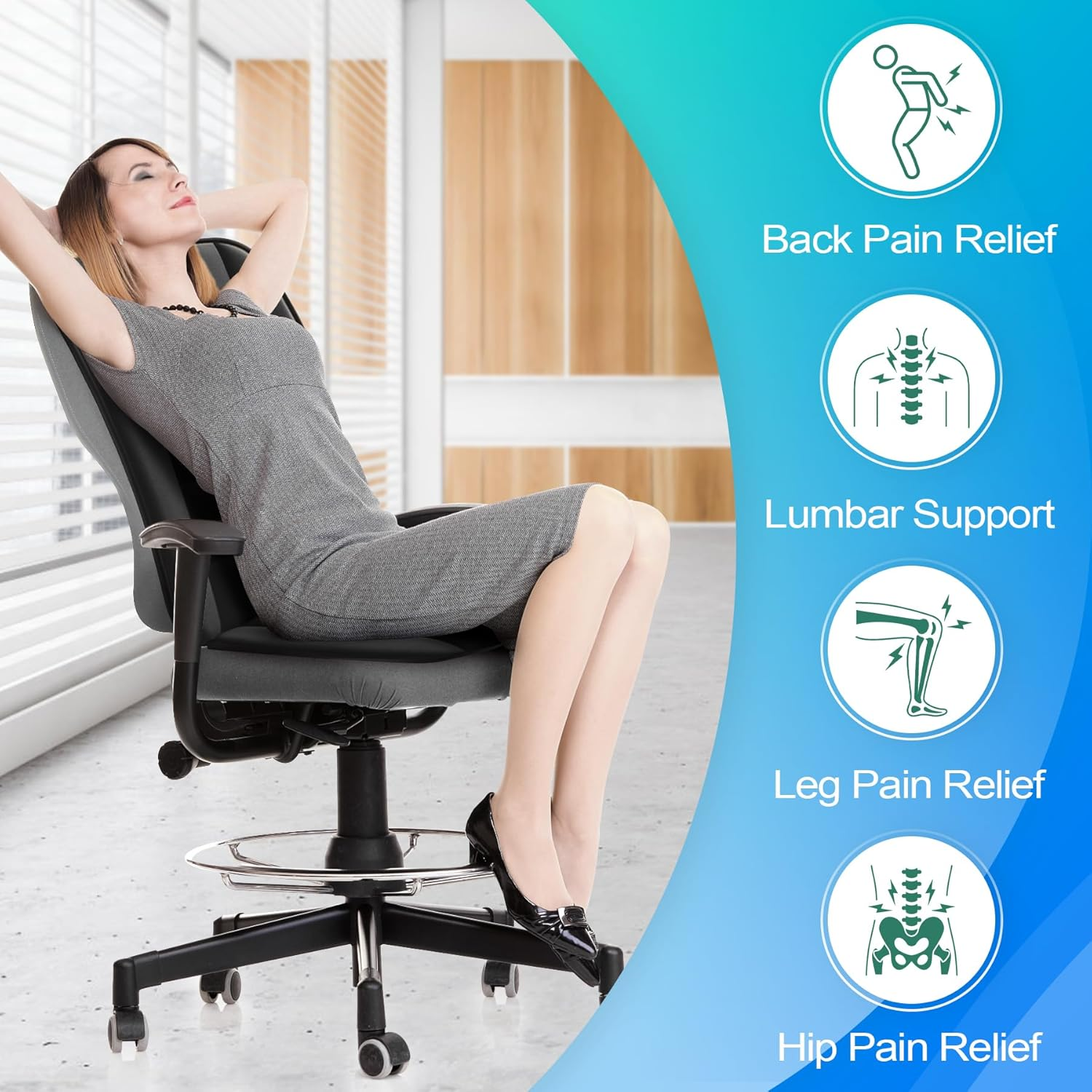 MYFAMIREA Car Seat Cushion and Back Support Pillow 1.2'' Thick Memory Foam Desk Chair Cushion Back Support for Automotive Seat Driver, Travel, Leg and Back Pain Relief, Washable, Adjustable, Black image number 1