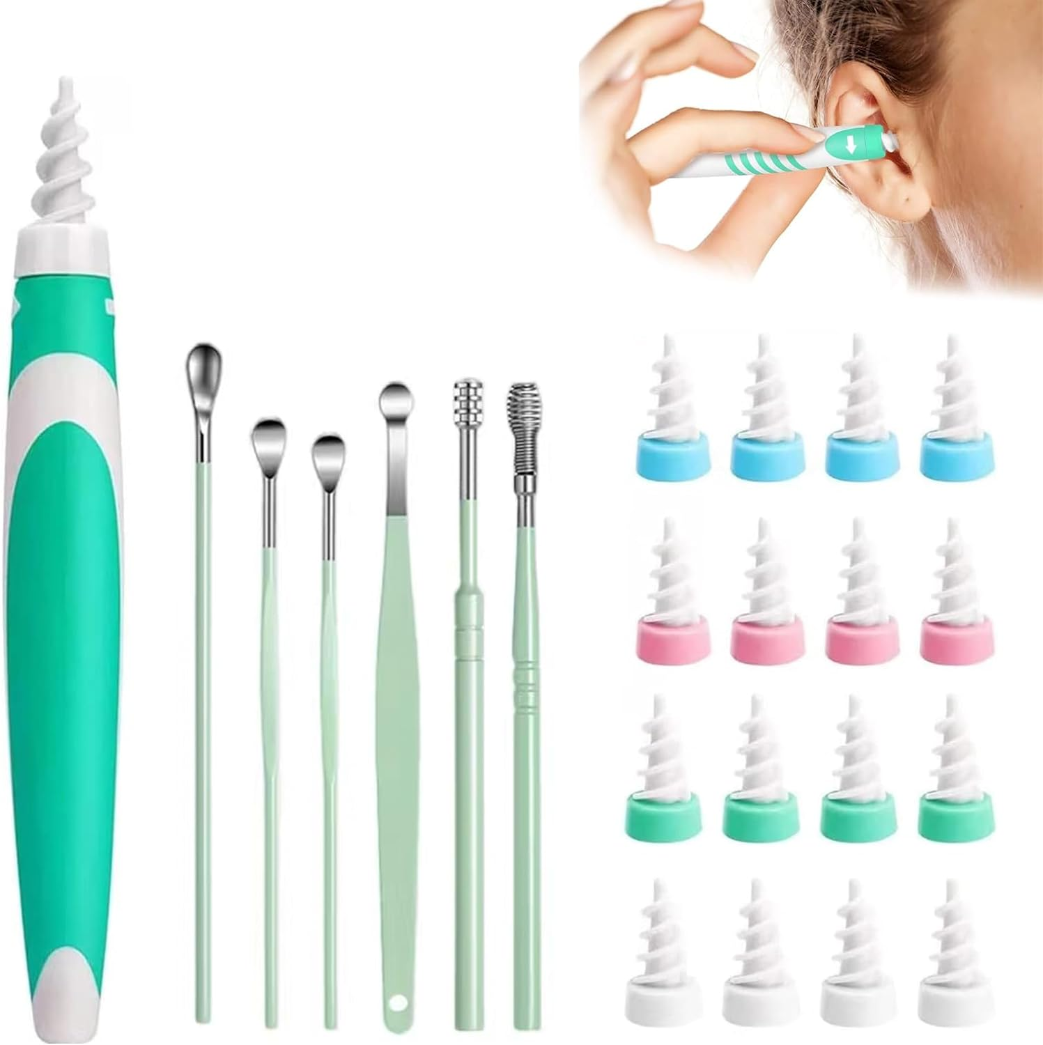 Earwax Remover Soft Silicone Ear Cleaning Tool Earwax Removal Tool with 16 Replacement Heads + 6 PCS Metal Ear Picker Safe and Easy to Remove Ear Wax image number 3