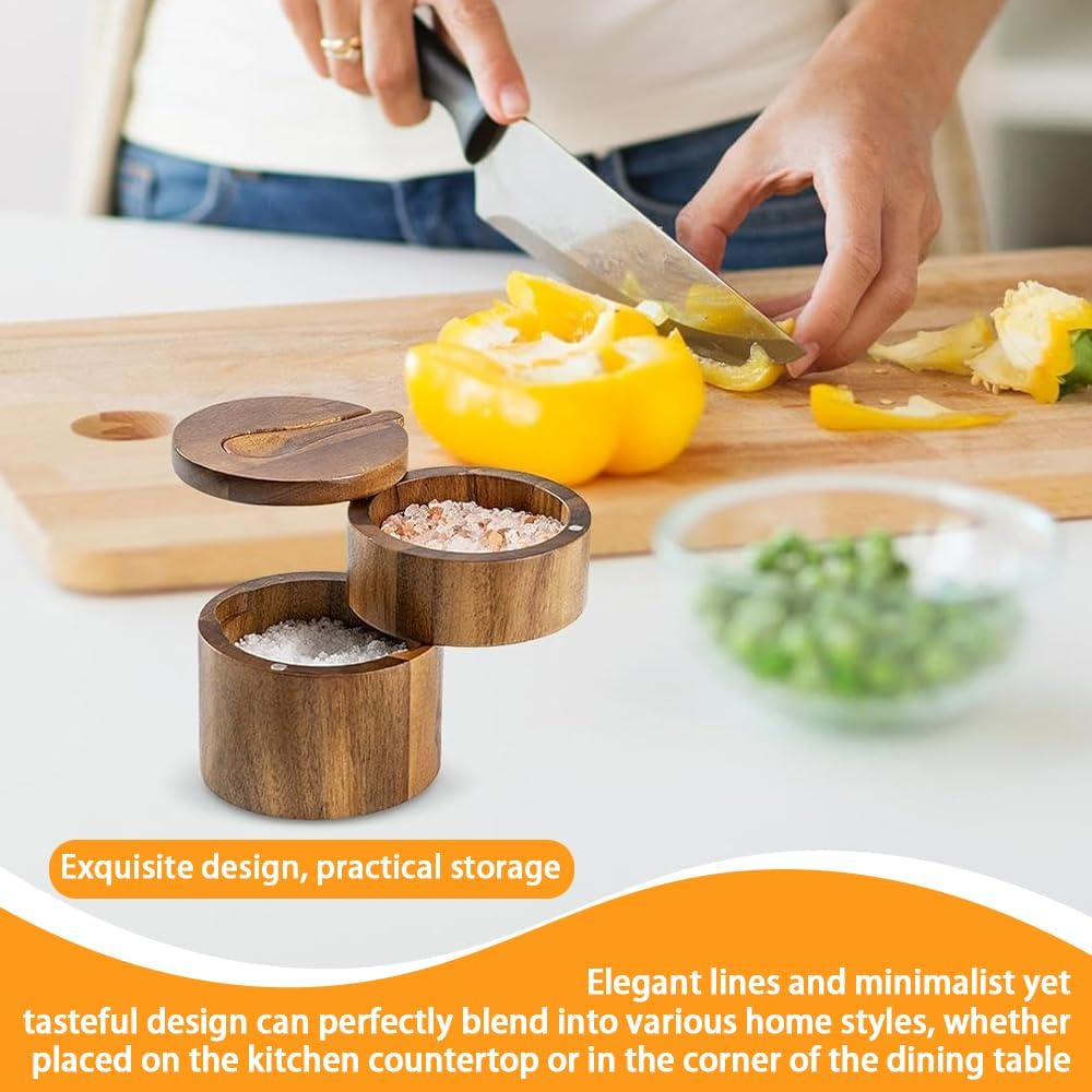 Wooden Salt Cellar,Salt Cellar with Spoon and Magnetic Swivel Lid,Kitchen Seasoning Bottle,Salt Box Storage Seasoning Jar,Salt Container Holder,For Seasoning Storage image number 5