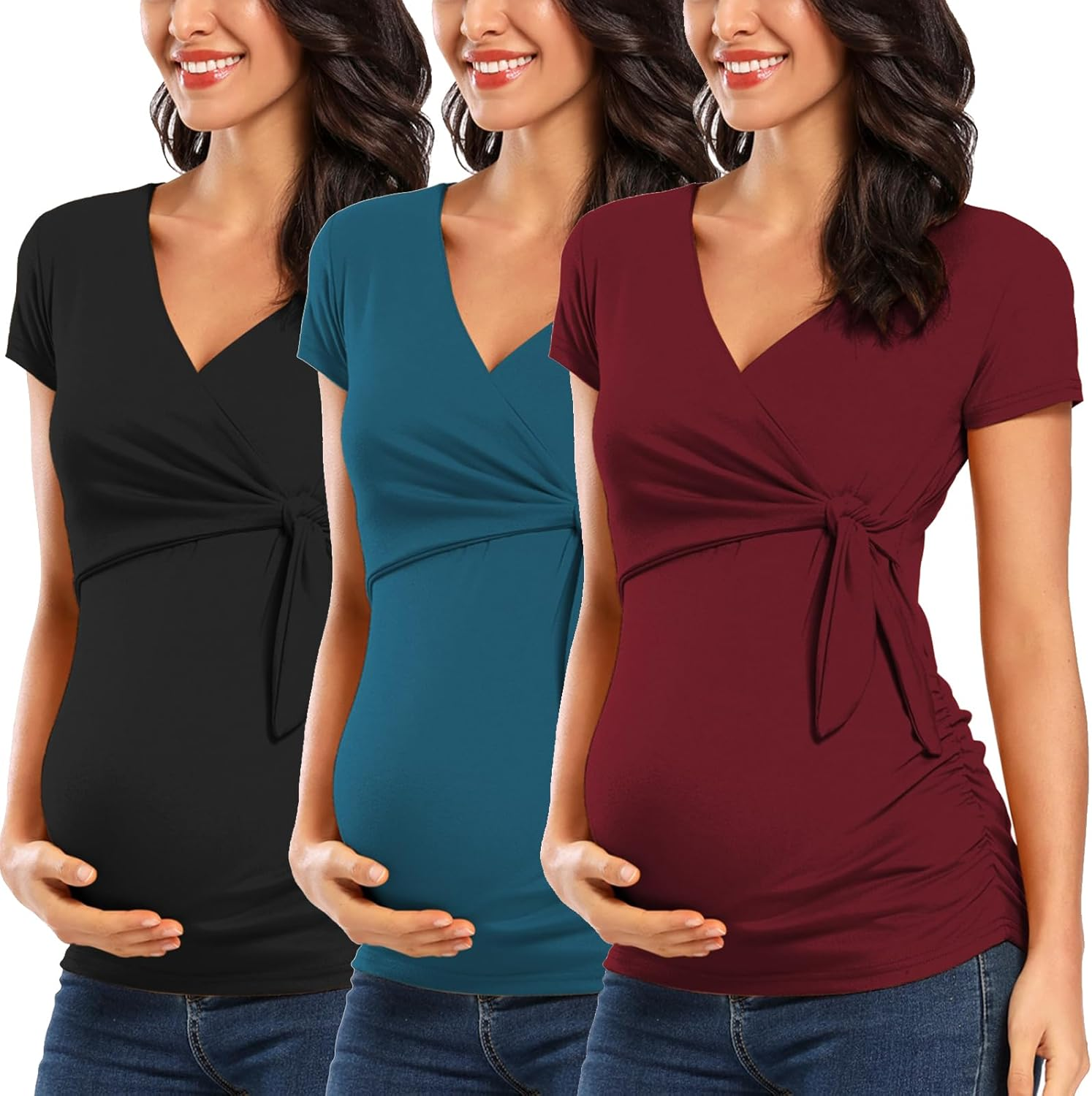 Ecavus Women'S Maternity Shirts 3 Packs Short Sleeve Tie Front Wrap Nursing Tops V Neck Pregnancy Clothes image number 4