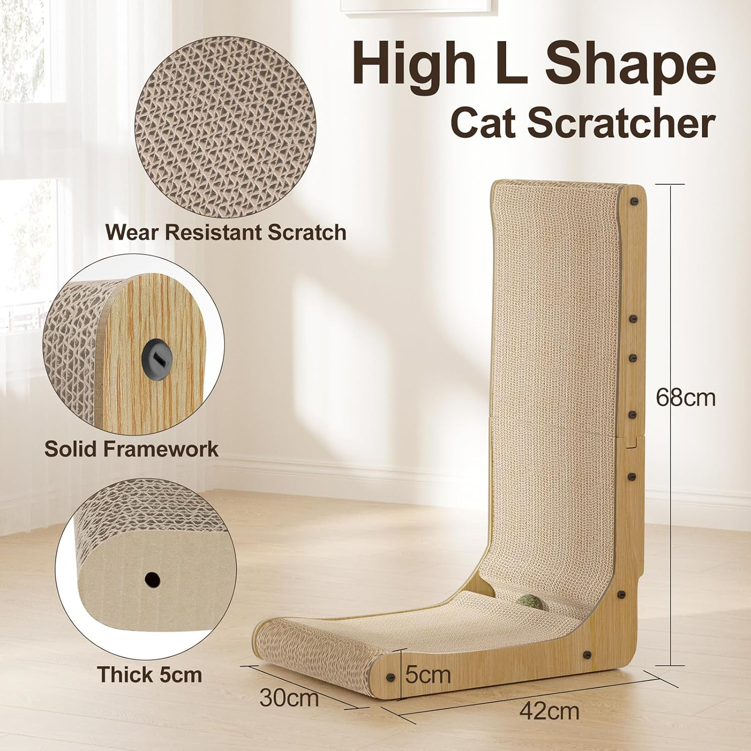 Gimars L Shape 68Cm Cat Scratcher, Cat Scratching Board with Plush & Catnip Balls, Large Size Cat Cardboard Scratcher Wall Mounted for Indoor, Cat Toys for Protecting Furniture (Wood) image number 3