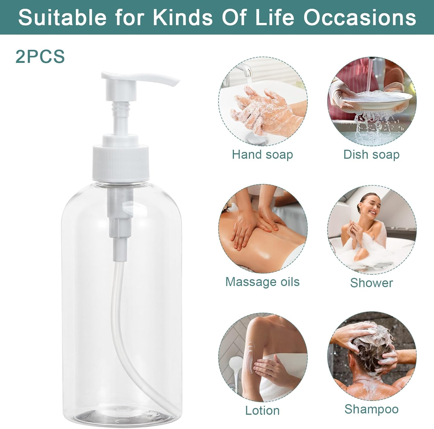 Yebeauty Pump Bottle Dispenser, 2 Pack 13.5Oz/400Ml Dish Lotion Soap Dispenser Plastic Liquid Shampoo Container for Bathroom Kitchen Hotel Body Wash, Clear image number 4