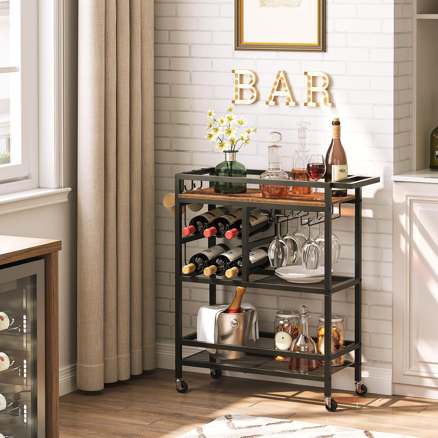 Bar Cart for Home, 3-Tier Serving Cart with Wheels and Handle, Beverage Cart with Wine Rack and Glass Holders, Rolling Wine Cart for Kitchen, Dining Room, Rustic Brown RCHR6101 image number 6