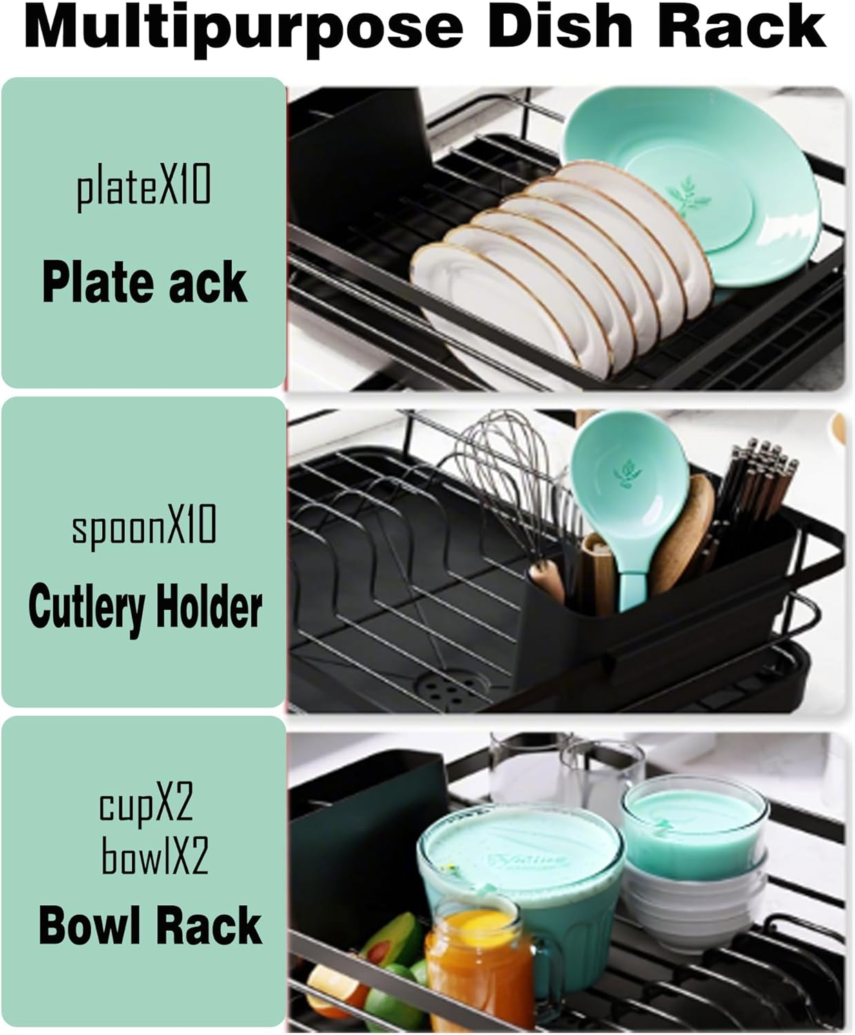 Dish Drying Rack- Space-Saving Dish Rack, Dish Drainers for Kitchen Counter, Stainless Steel Kitchen Drying Rack with a Cutlery Holder, 29.0 X 38.1 X 12.7 Cm, Black image number 3