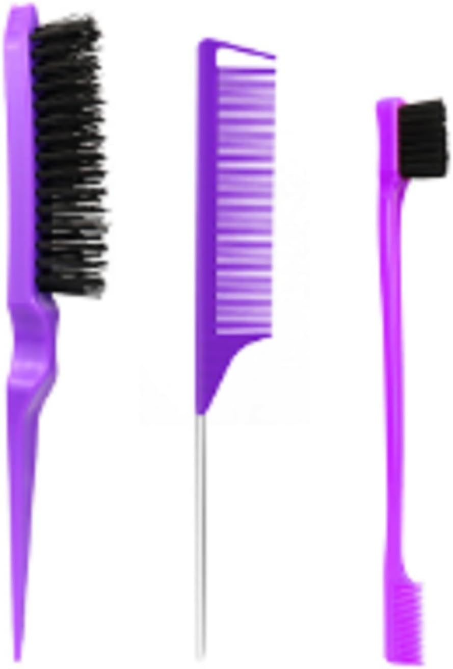 Slick Back Hair Brush, Comb Set, Purple Comb,3 Pcs，Slick Back Brush with Edge Brush, Styling Comb for Kids for Middle Part，Rat Tail Comb, Teasing Brush Set for Smoothing Brush Baby Hair