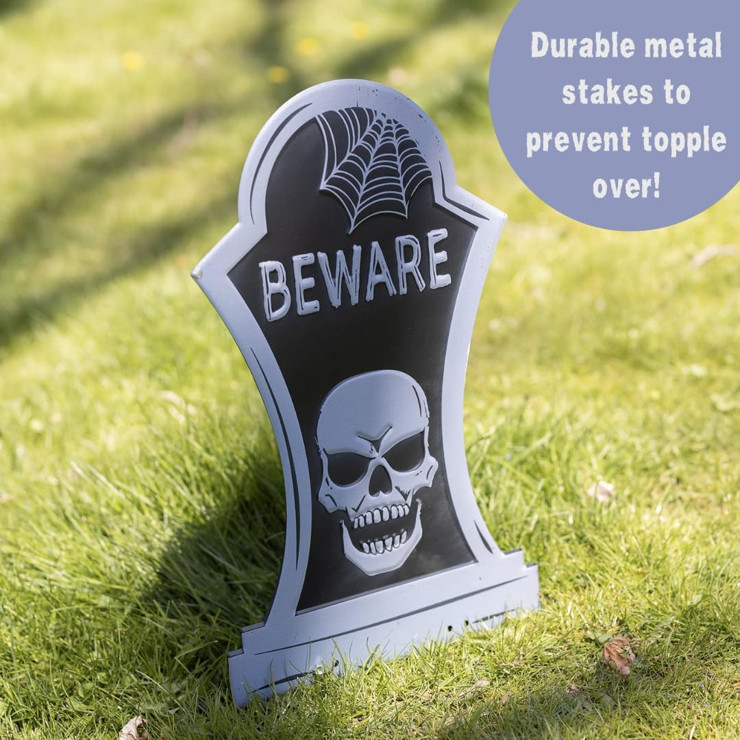 3-D Metal Halloween Ghost Cemetery XL 17" Tombstone W Stakes -BEWARE- Durable, Rustproof, UV Raised Printing- Upgrade Your Haunted House Mansion W Cemetary Lawn Decor- No More Flimsy Foam Graveyards image number 1