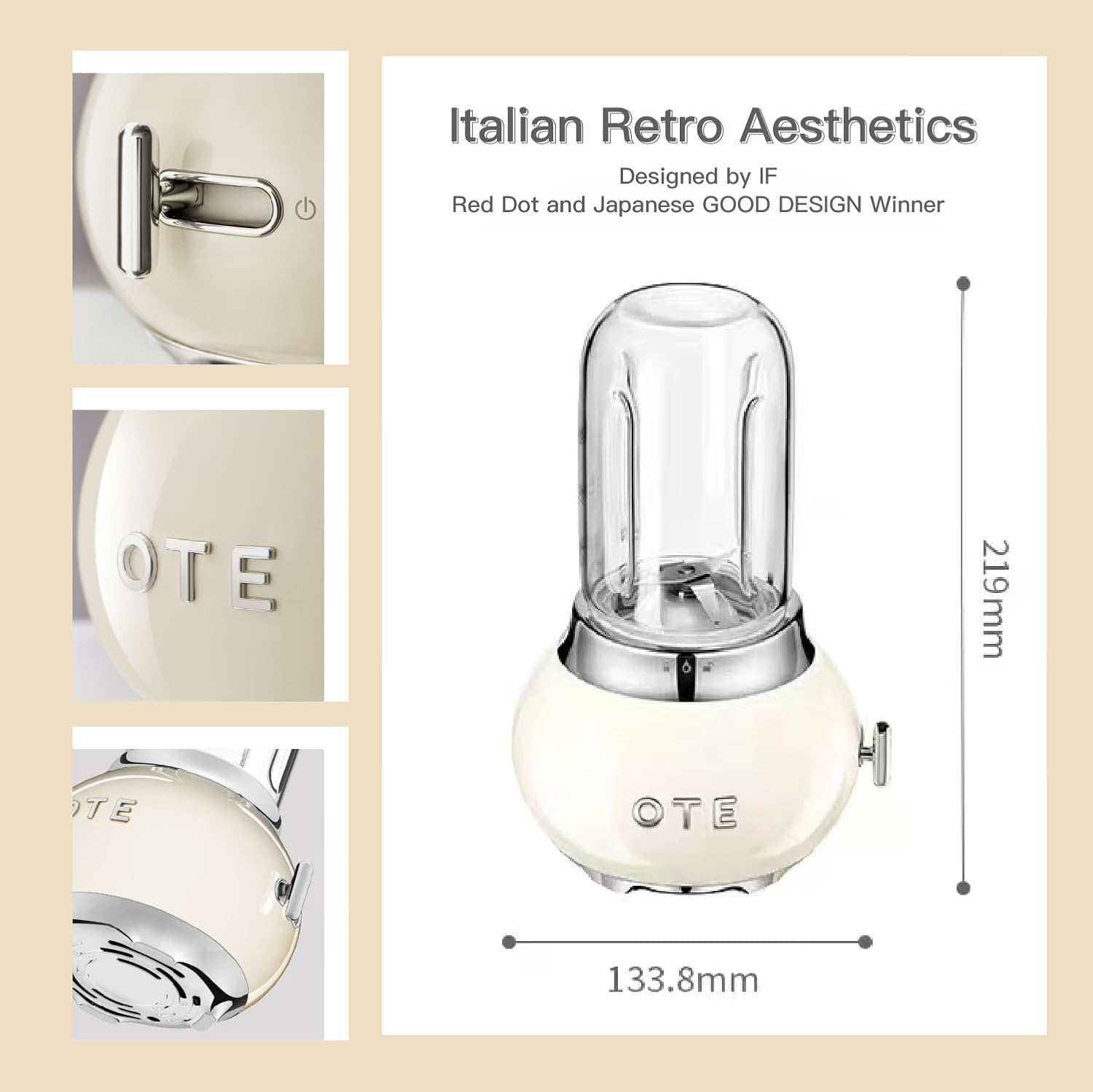 OTE Smoothie Blender, Retro Kitchen Small Glass Blender for Shakes and Smoothie with 400Ml Glass Container to Go (Beige) image number 6