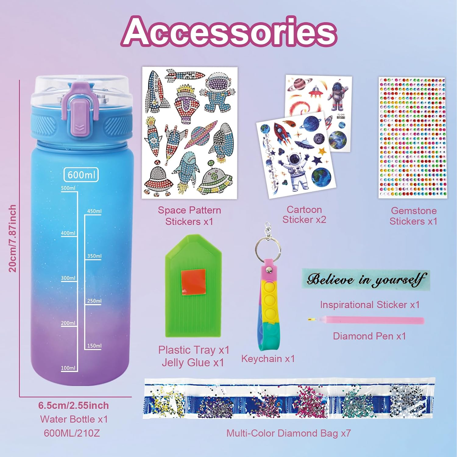 Decorate Your Own Water Bottle Kits for Boys Girls - Gem Diamond Painting Arts and Crafts Toys Gifts for 4-12 Year Old Boys Girls Kids Birthday (Colored Astronauts) image number 3