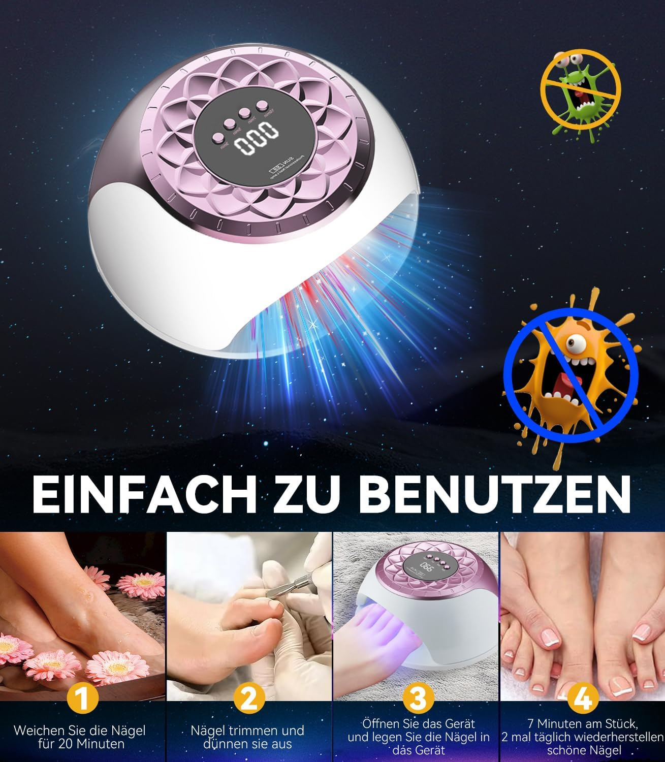 IUHFSIFS 5.0 Fingernails - Intelligent 3/5/7/10Min Timer Function Timing Device Equipment for Home Use, Both Hands/Feet Can Be Used Simultaneously Laser (Pink)