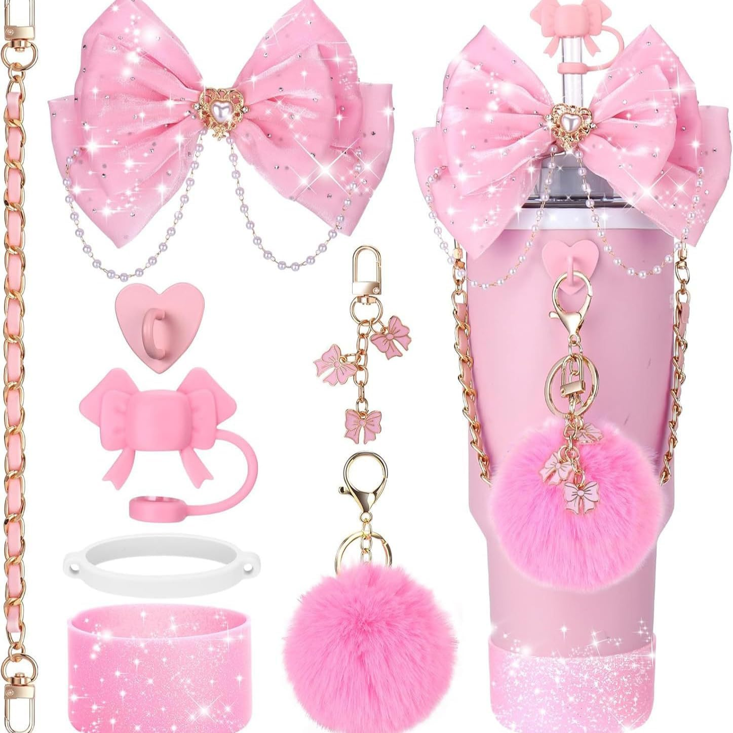 Bling Cup Accessories for Stanley Cup - Fits 20Oz, 30Oz & 40Oz Tumblers with Handle, Includes Bow Straw Topper, Decorative Straw Bow, Leather Handle Strap & Boot (Pink)