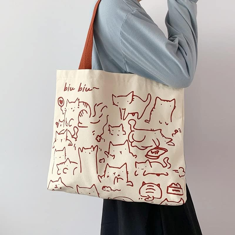 Cat Canvas Tote Bag, Large Cute Tote Bag for Women with Zip, Cotton Reusable Shopping Bag with Pocket, Shopper Bag Cat Lovers Gift image number 4