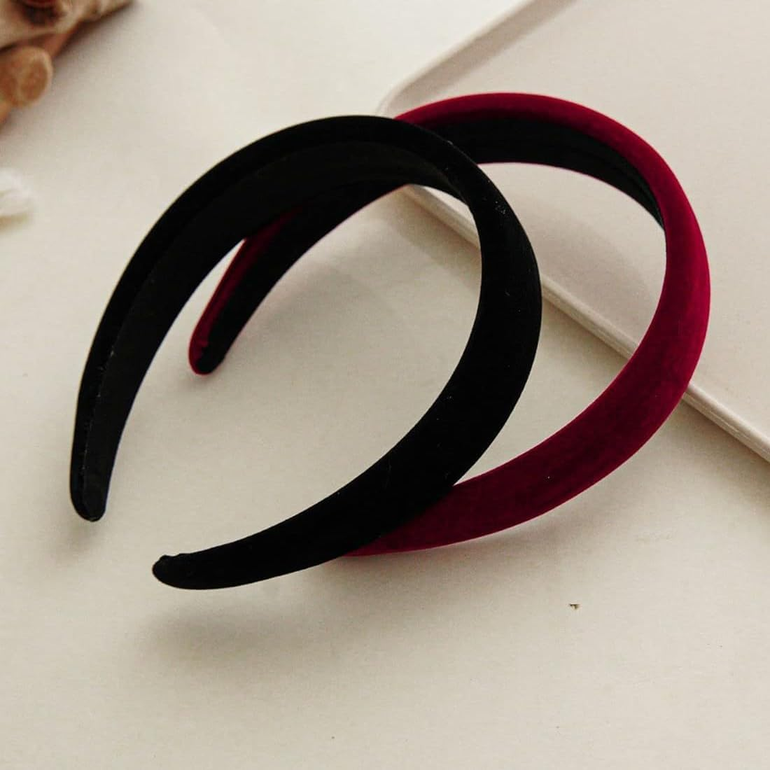 Pack of 2 Velvet Headbands Women, Solid, Simple Headband for Girls, Fashion Hair Accessories for Women Girls, Padded Velvet Headband Retro Style Headband (Black/Burgundy) image number 2