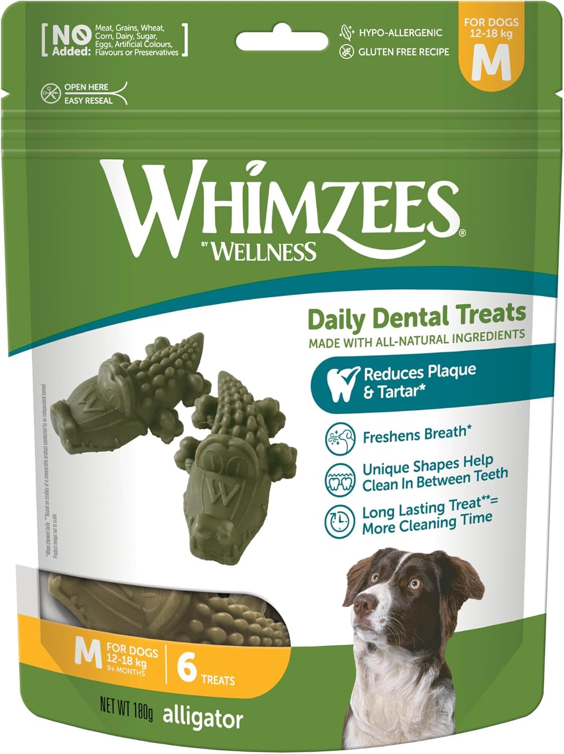 WHIMZEES Alligator Dental Dog Treats, Daily Bag, Medium (12-18 Kg Dogs), Natural Daily Dental Chews (Pack of 6) image number 6