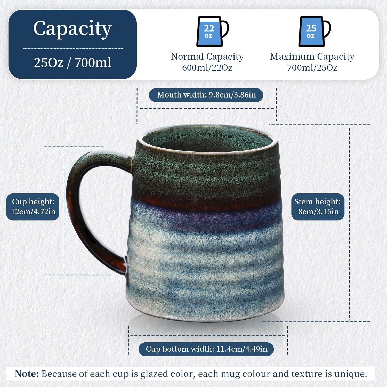 700Ml Extra Large Ceramic Coffee Mug with Big Handle, 25 Oz Handmade Glazed Oversized Tea Cup for Office and Home, Microwave, Dishwasher and Freezers Safe, Hot and Cold Drinking (Ink Green) - 18Oz-Ink Green image number 2