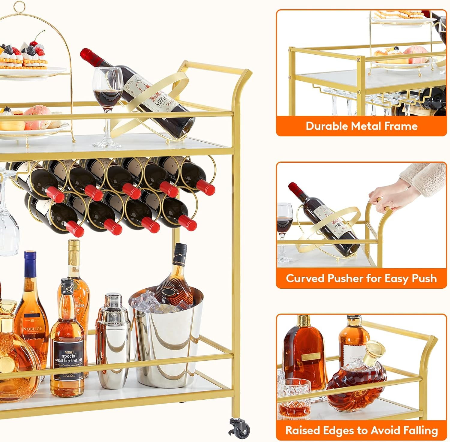 Lifewit Drinks Trolley on Wheels, 2 Tier Bar Cart with 9 Wine Bottle Racks, Serving Cart for Kitchen Dining Living Room Outdoor, 80 X 33.2 X 87.8 Cm, Gold image number 5