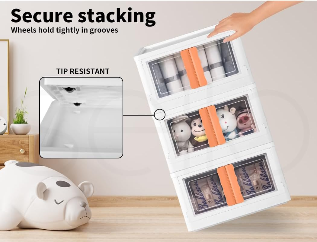 Stacked Storage Boxes Stackable Foldable Clothes Container Bins Toy Organiser Box with Lids Handles Plastic Book Camping with Wheel Front and Top Open 45L Pink image number 1