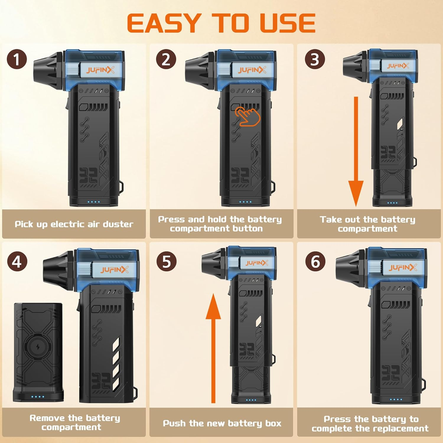 JUFINX Air Duster -250000RPM Electeic Air Duster, Replaceable Batteries 2Pcs,Long Life Cordless Mini Blower, 3-Gear Adjustable- Cordless Air Duster for Keyboard,Pcs,Outdoors,Leaves,Car Cleaning ﻿ image number 4