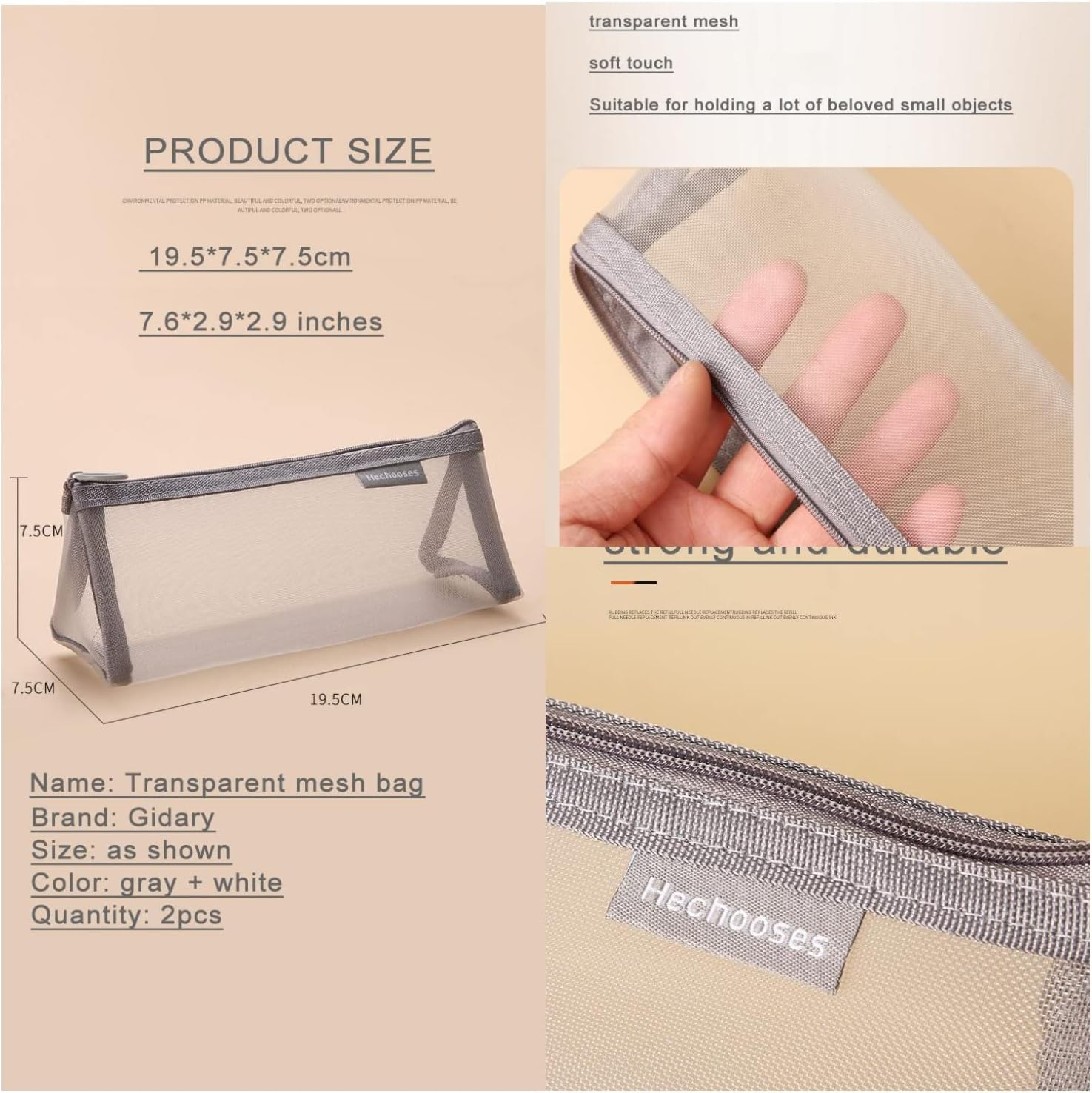 Mesh Cosmetic Bag Portable Clear Makeup Bags Mesh Zipper Pouch for Home Office Travel Accessories Organizer (2PCS White & Grey), Triangle-White-Grey-Black, S, [Value Pack] Package Includes 3 - Black And Grey image number 3