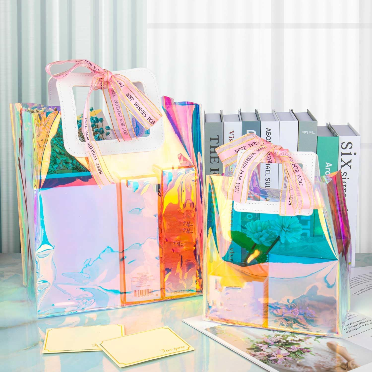 Holographic Small Gift Bags 2 Pack 7.9 * 7.1 * 3.9 Inch with Handles for Women, Girls, Birthday, Christmas, Bachelorette Party Favors, Shopping Reusable Clear Gift Wrap Bag image number 6