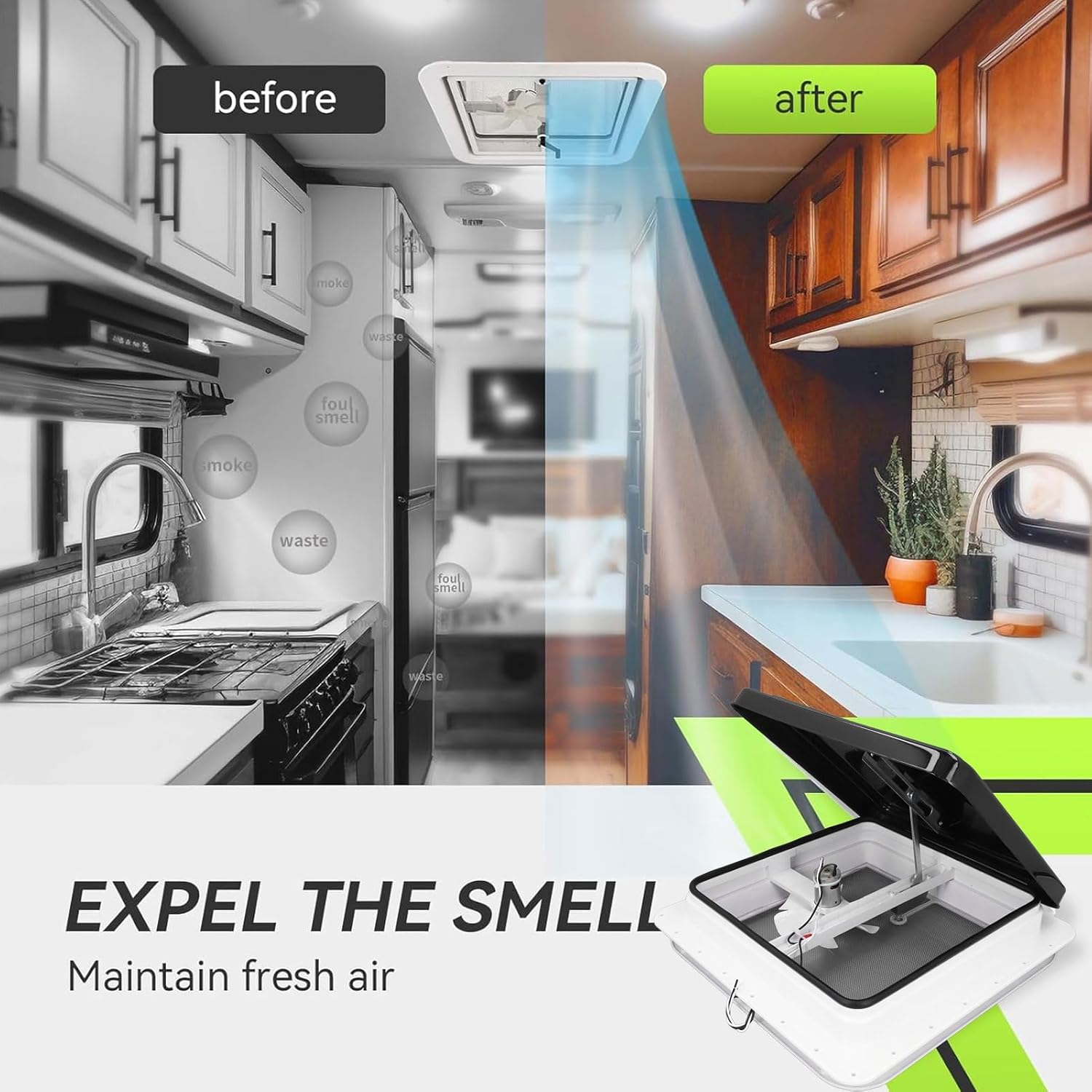 14 Inch RV Roof Vent with Fan Reversible, 12V RV Roof Vent Fan with Remote Control & 6 Inch Blades for Trailers, Campers, Compatible with Ventline, Jensen and Elixir image number 3