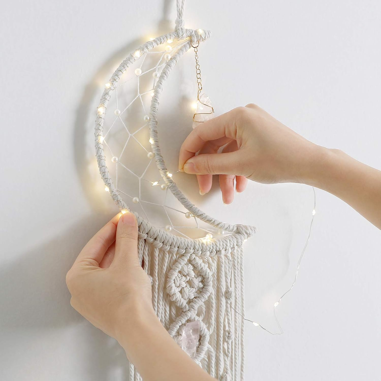 Dremisland Macrame Woven Wall Hanging Moon Dream Catcher with Natural Crystal Stone- Boho Chic Bohemian Home Decor Wall Art Decor with String Lights - Beautiful Apartment Dorm Room Door Decoration image number 1