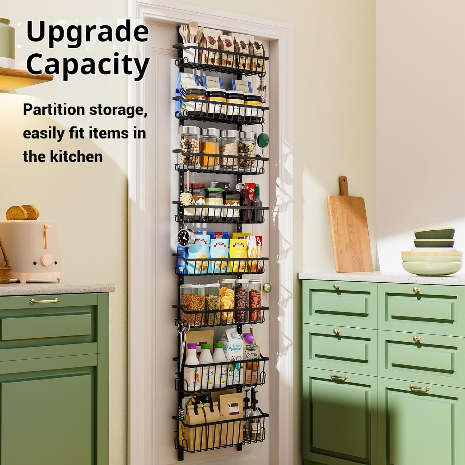 Over the Door Pantry Organizer, 8-Tier Heavy-Duty Metal Pantry Organizer with Adjustable Baskets, Spice Rack, Space-Saving Shelves, with Suction Cups for Each Layer image number 2