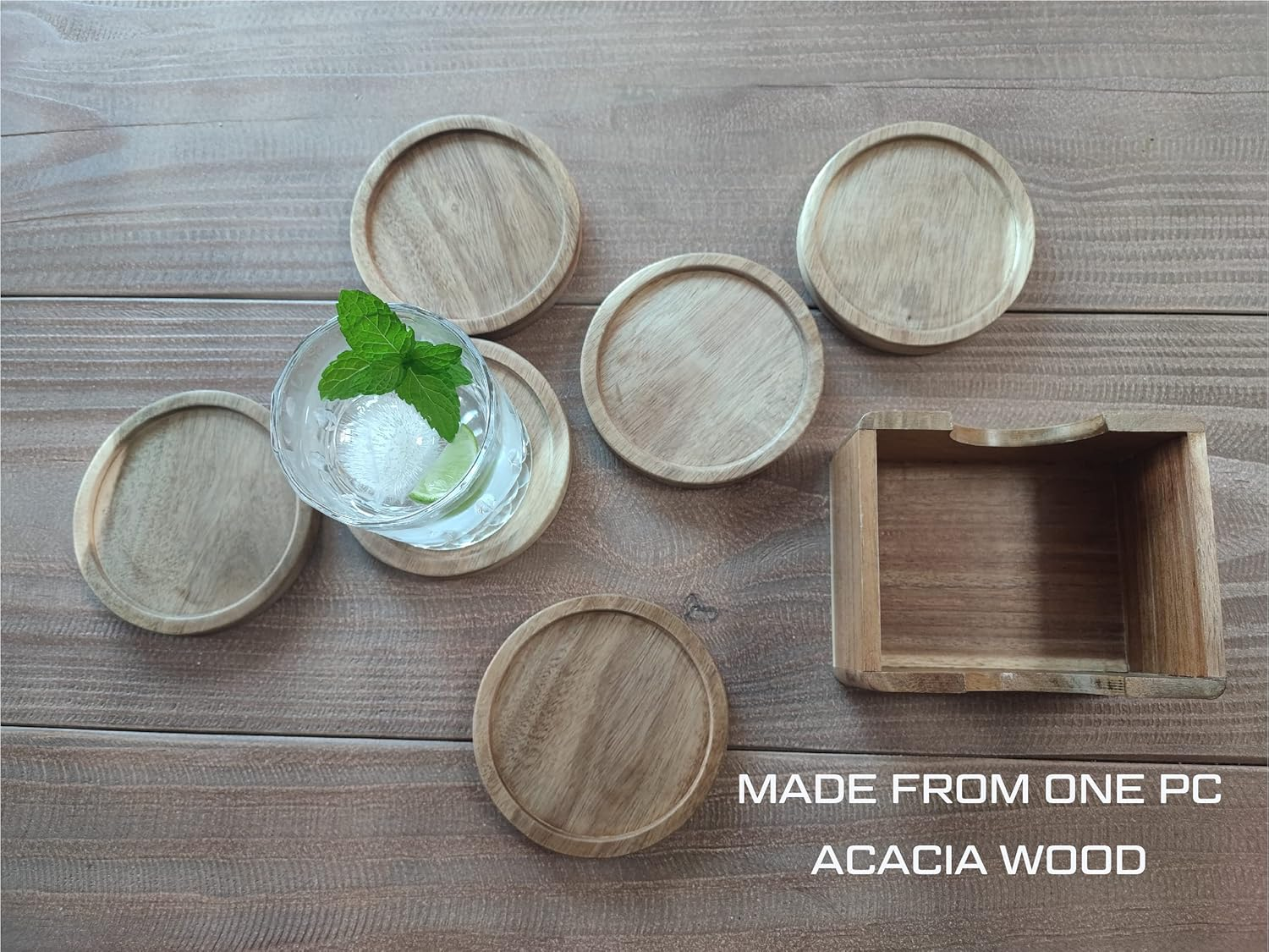 6 Piece Acacia Wood Coaster Set with Holder in a Gift Box, Made from One Pc Solid Acacia Wood, Made in Vietnam. image number 2