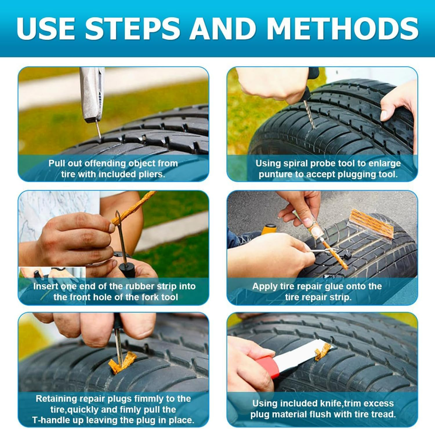 Tire Repair Kit, 46 Pcs Heavy Duty Tire Plug Kit to Fix Punctures, Car Emergency Tool, Universal Plug Flats Patch Kit, Tyres and Connectors Patch Kit for Motorcycle, Truck/Tractor/Trailer/Rv/Suv/Atv image number 4