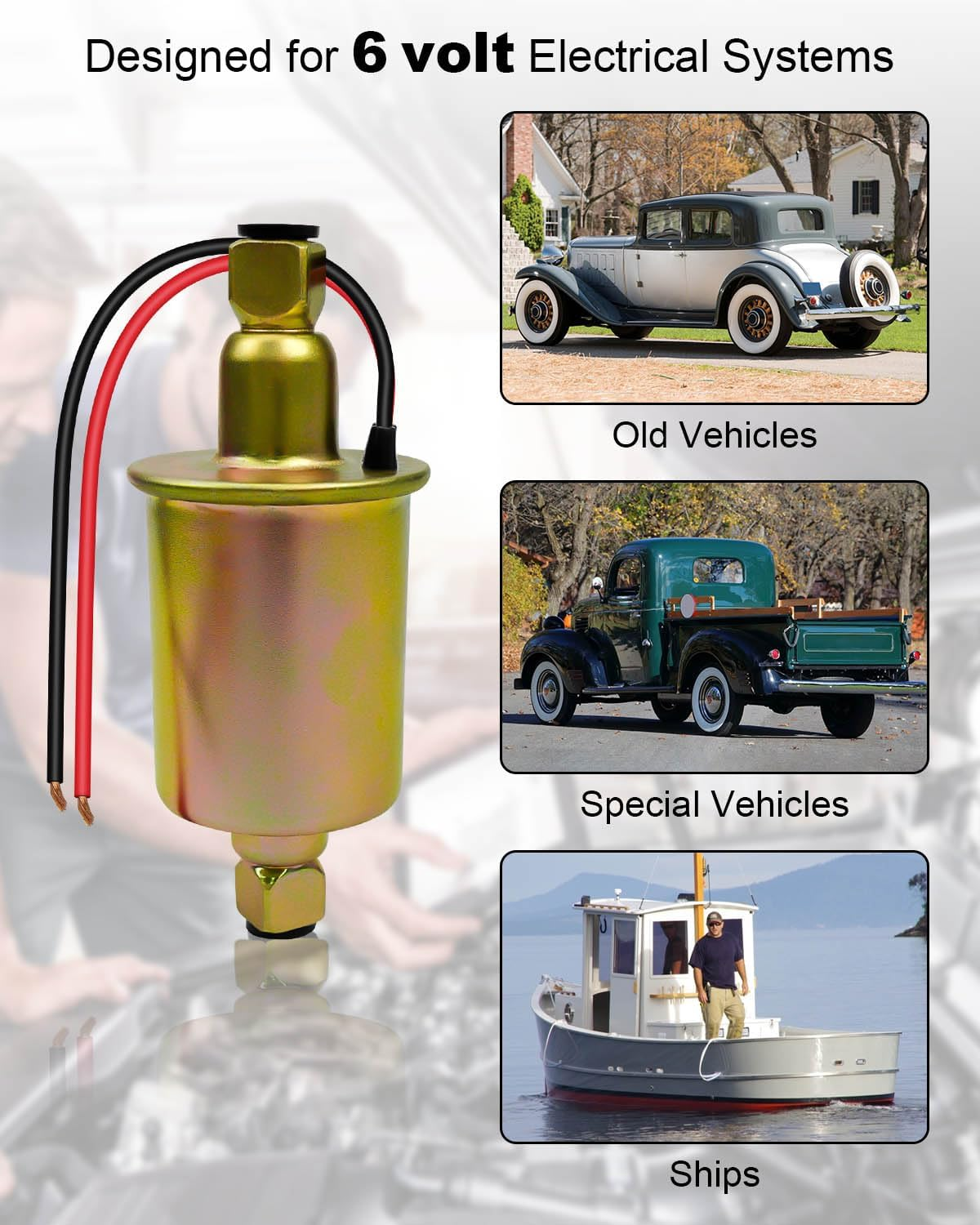 Universal 6V Electric Fuel Pump with Installation Kit - Fit for Carbureted Models E8011 SP1124, 5-8 Psi 5/16 Inlet and Outlet Intank Fuel Pump, 6 Volt Inline Type Electric Fuel Transfer Pump image number 1
