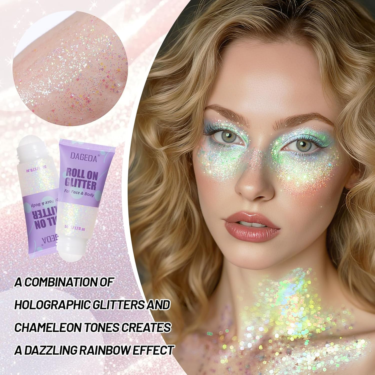 DAGEDA 50Ml Roll-On Body Glitter,Holographic Eye Face Hair Glitter Gel for Festival Outfit Mermaid Accessories,Chameleon Color Body Shimmer Makeup Rave Outfits Accessories for Women (Dazzle) - Dazzle image number 3