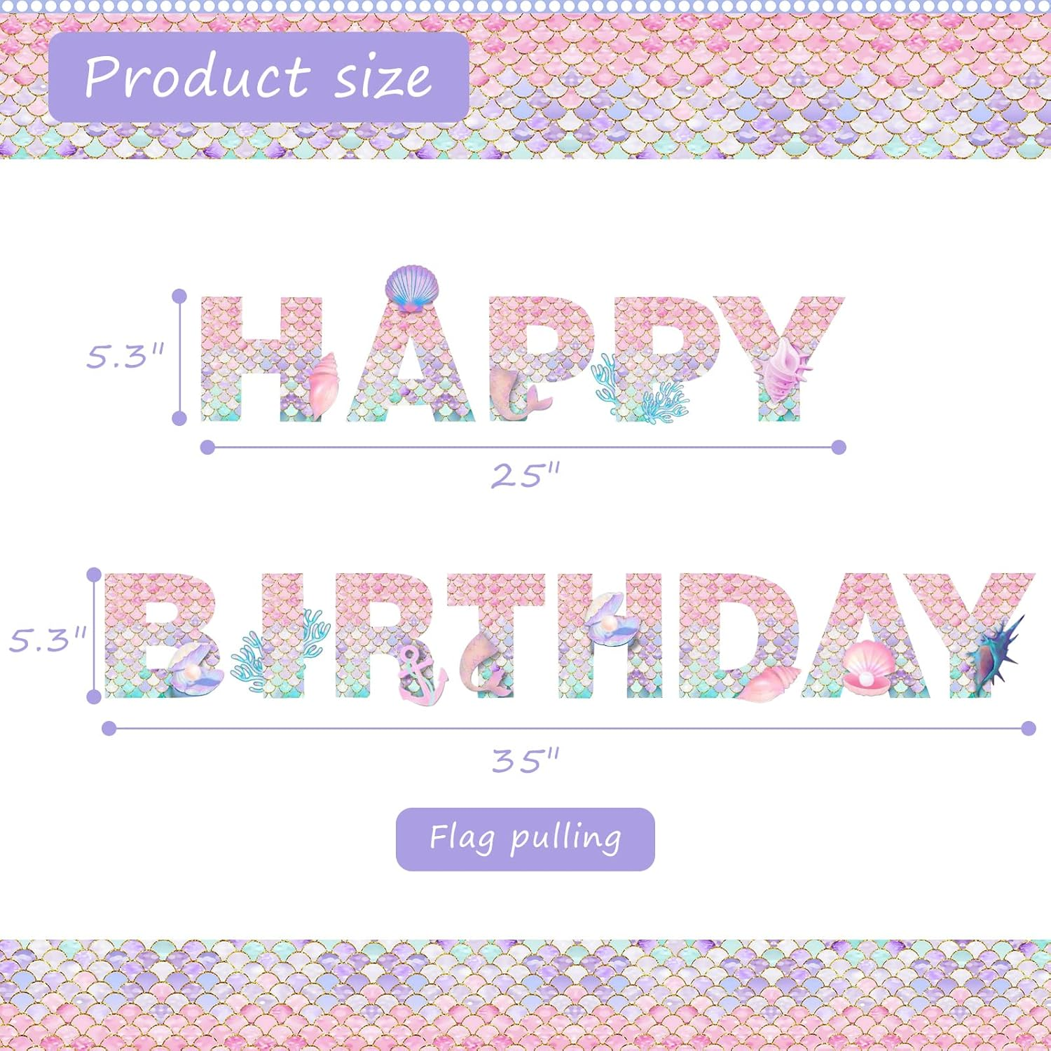 Mermaid Happy Birthday Banner, Birthday Party Decorations for Girls, Mermaid Theme Birthday Party Supplies for Home Table Outdoor (YLPDTZ-001) image number 3