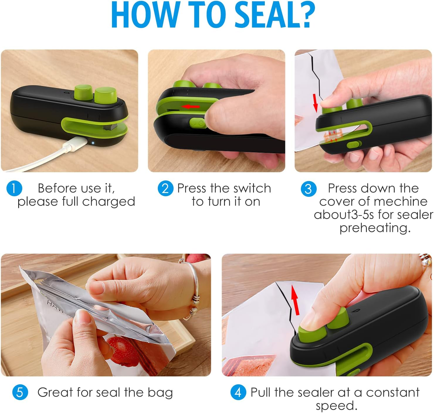 AMIR Mini Bag Sealer, Handheld Heat Sealer, 2 in 1 Plastic Bag Sealer, Portable Heat Vacuum Sealer, Rechargable Mini Sealing Machine, for Plastic Bags Chip Bags Food Storage -Black image number 2