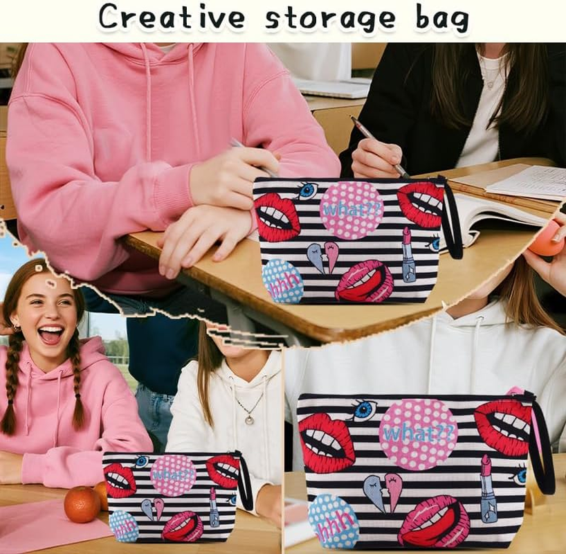 Funny Lips Print Makeup Bag for Women Girls Stripe Travel Cosmetic Pouch for Best Friend Bestie Anniversary Birthday Gifts for Daughter Fashionistas Lipstick Print Make up Organizer Makeup Lover Gift
