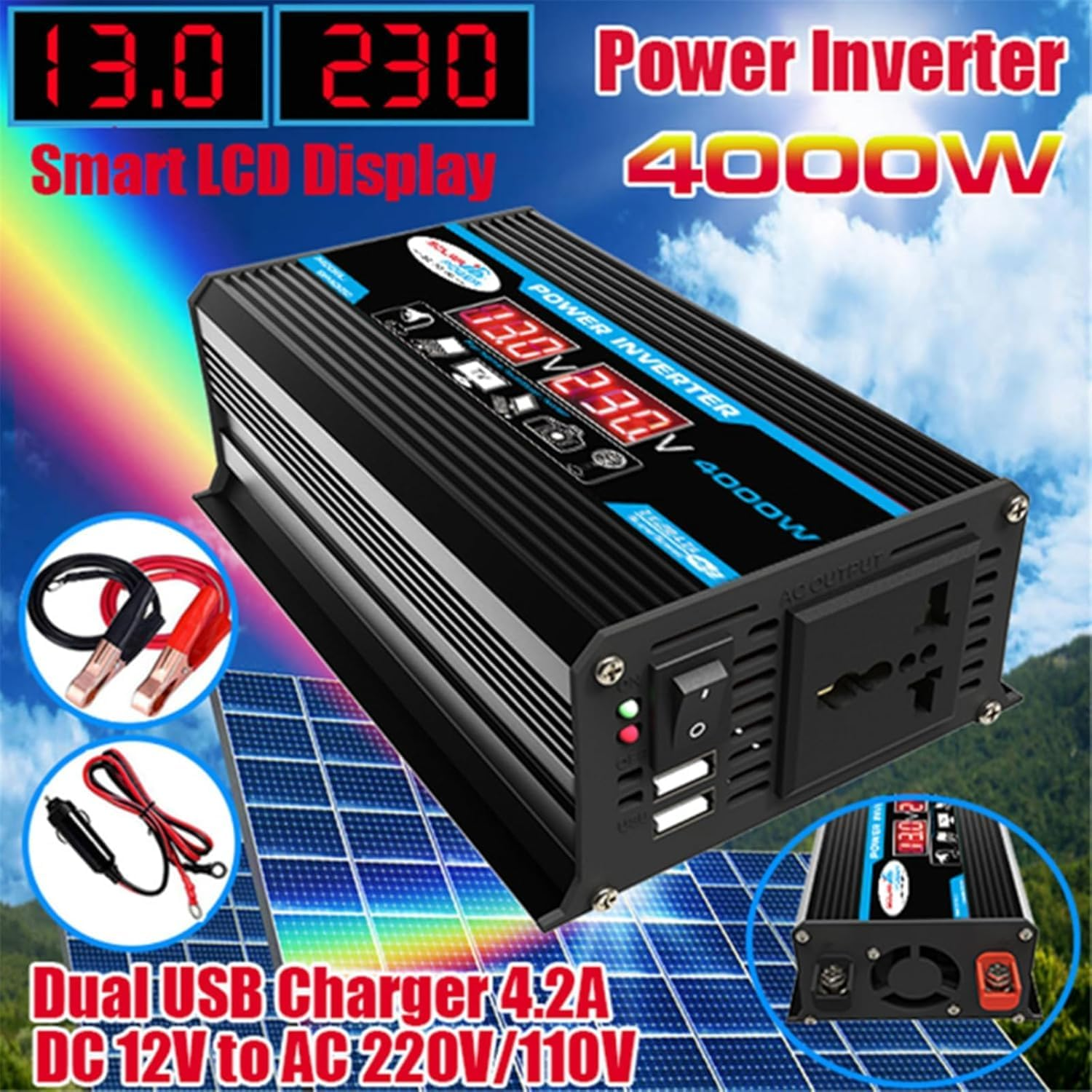 Inncen Car Inverter 4000W 12V to 220V LED Car Power Inverter Converter - Black image number 4