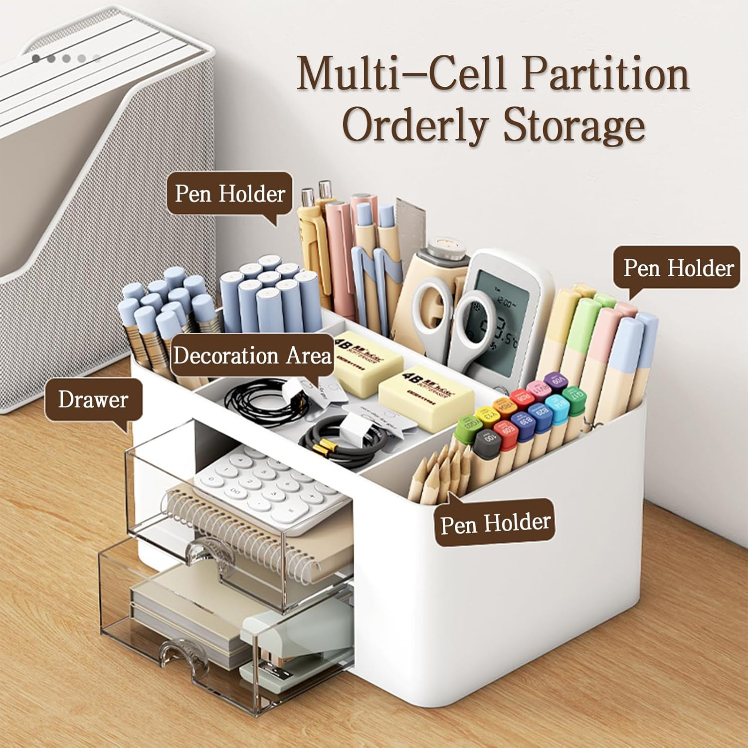 Desk Organizer with 2 Drawer and 5 Compartments, Multi-Compartment Pencil Pen Holder Drawer Storage Organizer Accessories for Office Home (White) image number 1