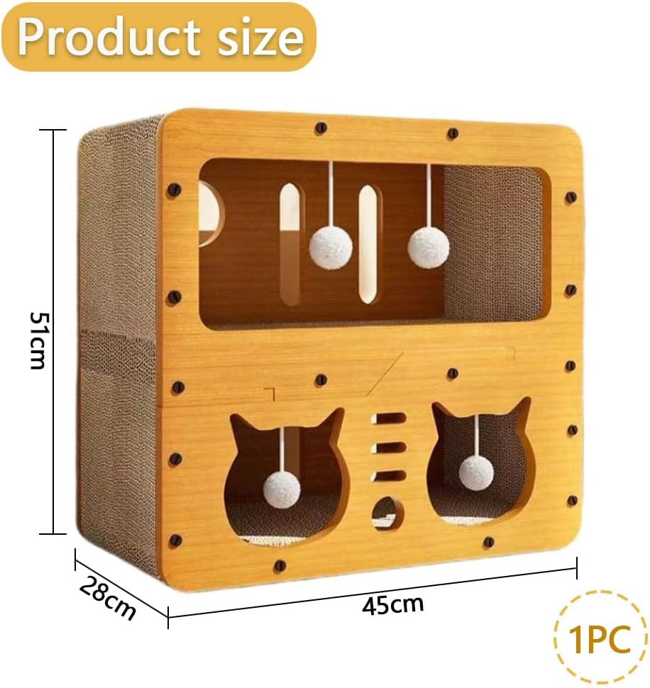 Double-Layer Cardboard Cat House &ndash; Indoor Cat Hideaway with Scratching Pads & Hanging Ball Toy, Durable Corrugated Cat Condo, Easy to Assemble for Kittens & Adult Cats (45&times;28&times;51Cm) image number 1