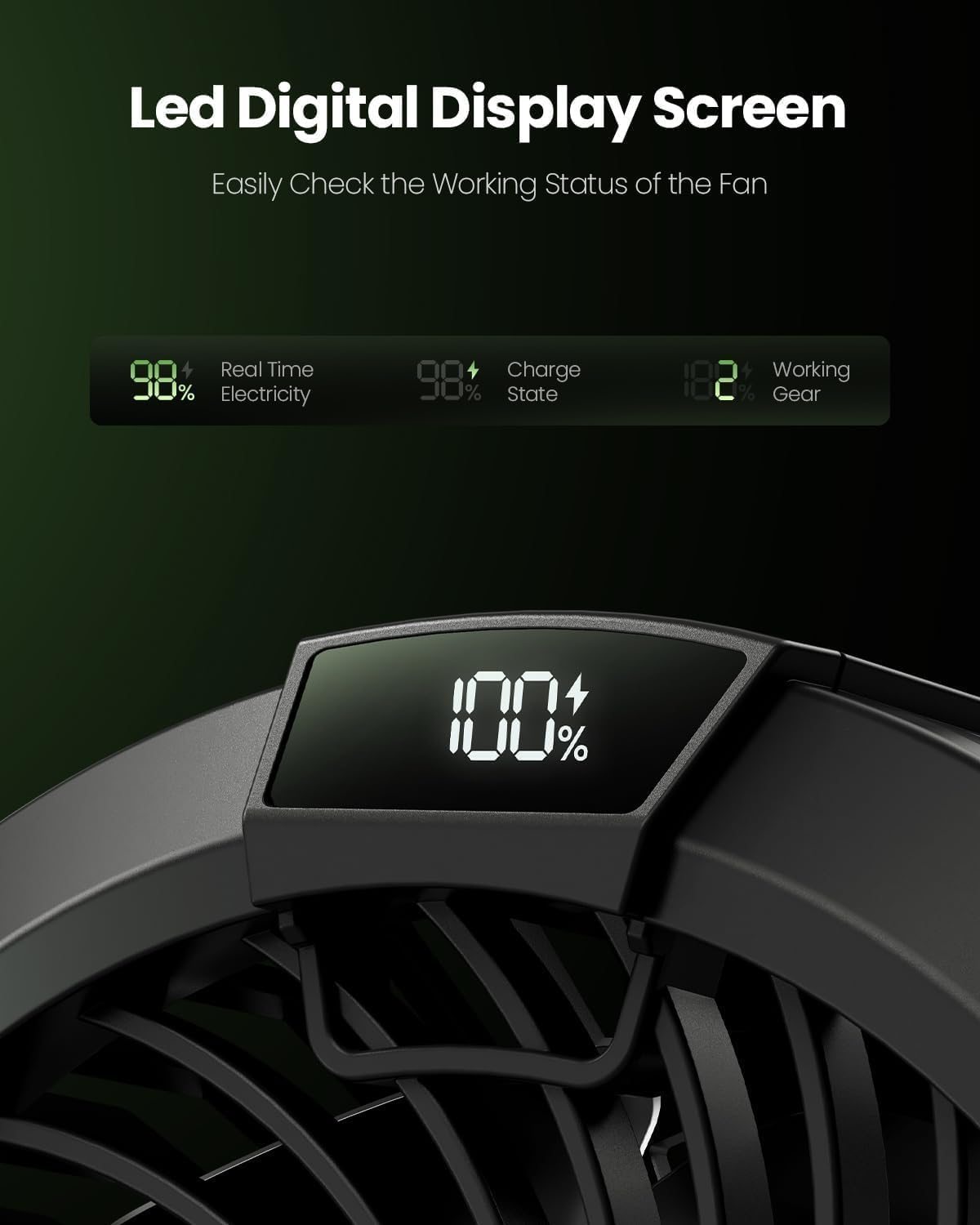 Gaiatop Portable Camping Fan with LED Lantern, 360&deg;Rotation and Clip on for Desk, 4000Mah USB Rechargeable Battery Powered, Digital Display and Hanging Hook for Tent Outdoor Travel Bedroom Black image number 3