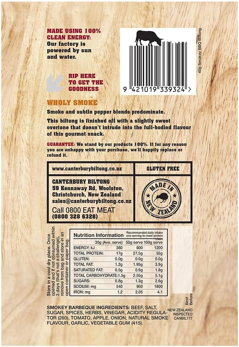 Canterbury Biltong Air-Dried Beef Snacks Smokey BBQ 40G