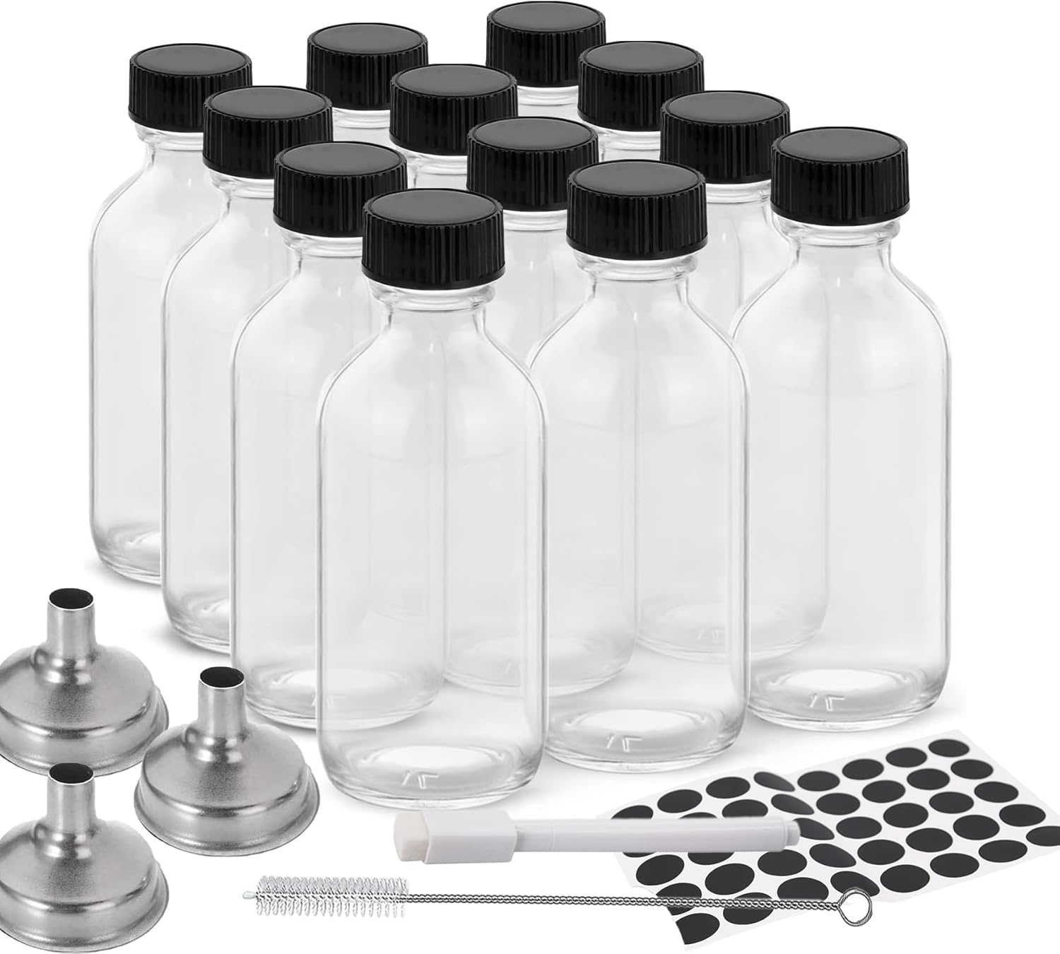 12 Glass Bottles Set with Lid, Small Glass Container with Lid, Spice Jar, Juice Bottle, 60Ml Travel Sample Bottle, with 3 Stainless Steel Funnels, Stickers, Cup Brush, Pen,Packed in a Separate Box image number 6
