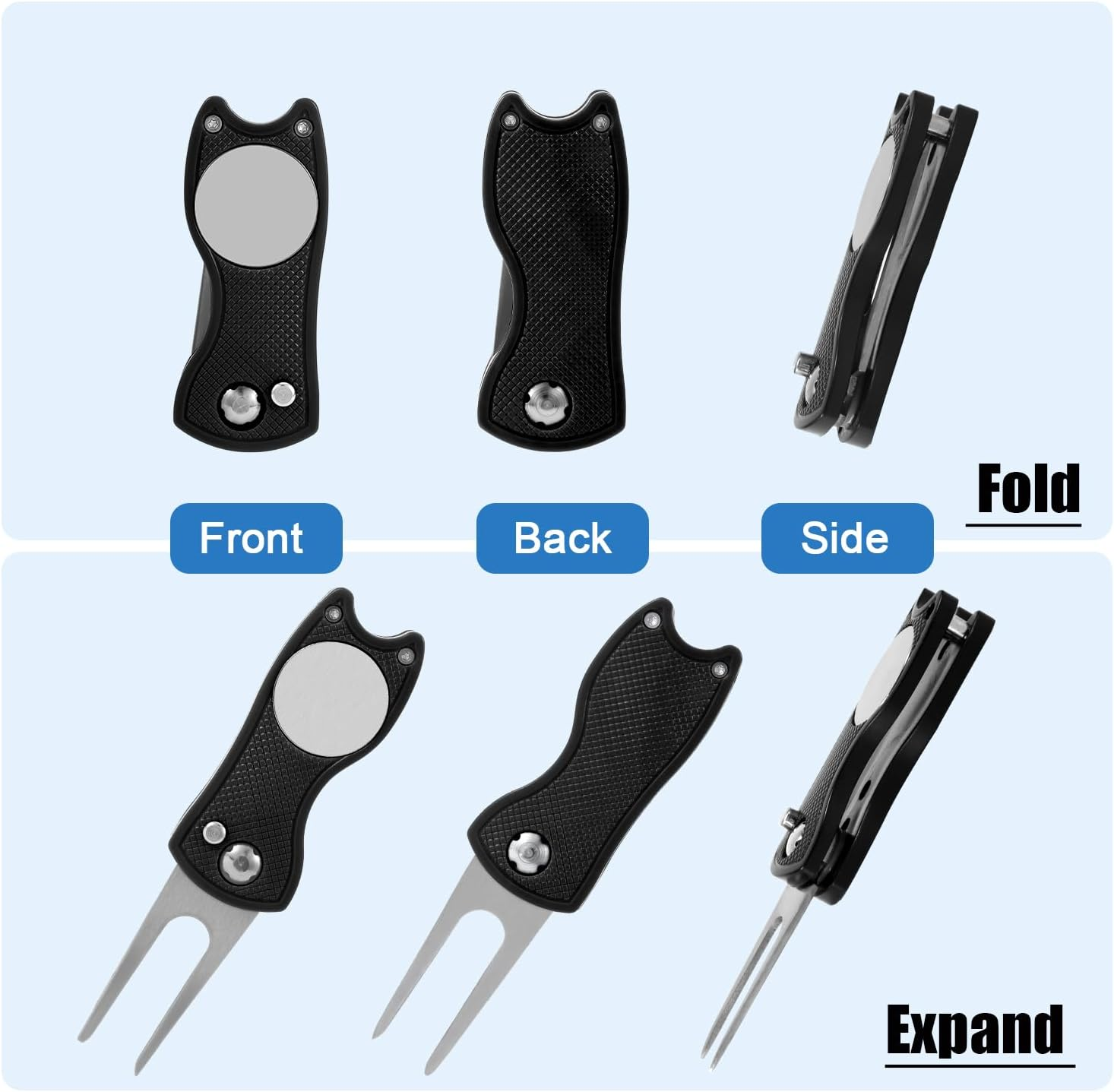 Golf Divot Repair Tool, Stainless Steel Divot Repair Tool Foldable Pop-Up Divot Turf Fork Golf Metal Putting Fork Golf Turf Fork Ball Marker Divot Tool for Golf Lover image number 3
