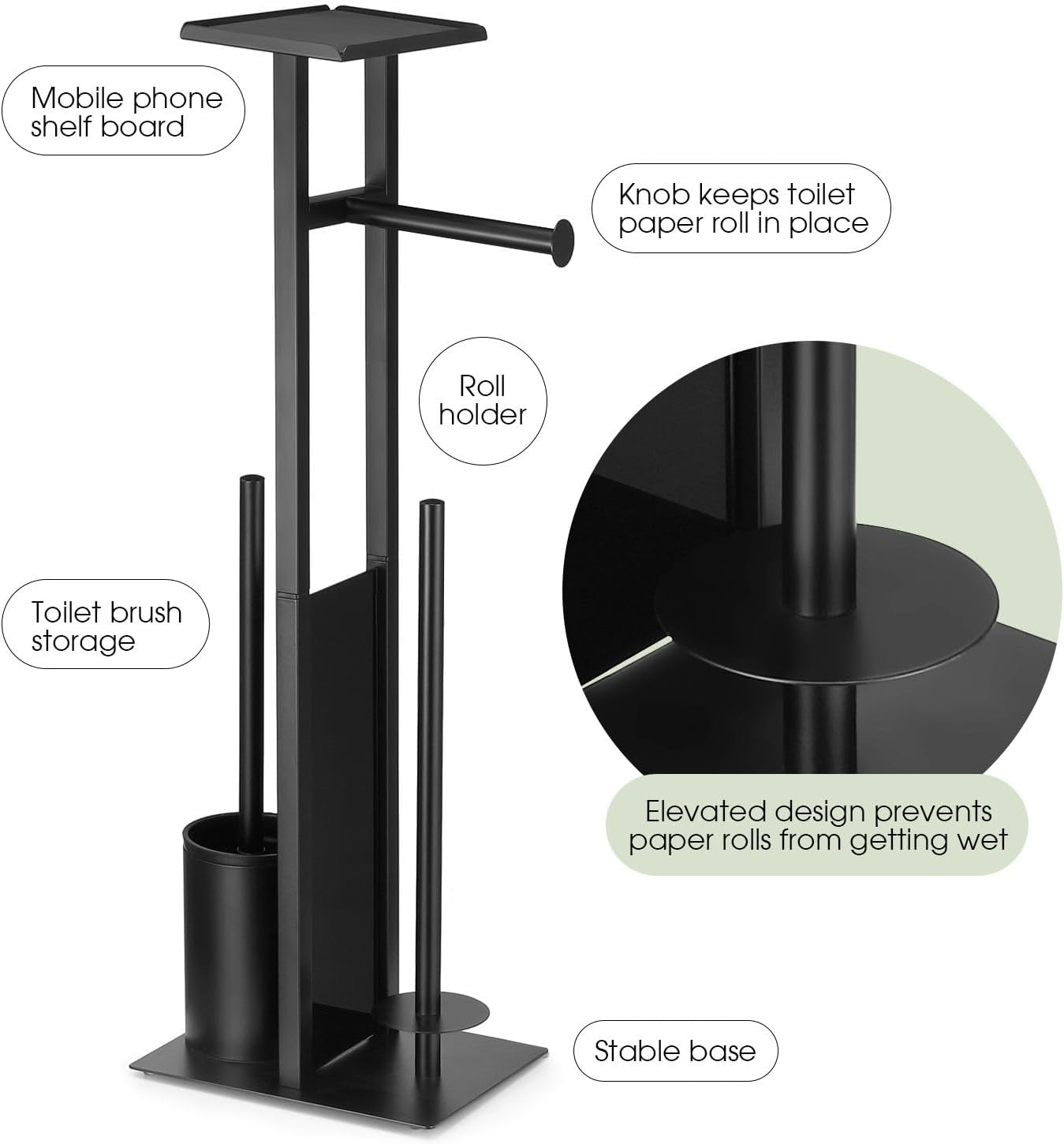 Maxkon Toilet Paper Holder Free Standing Toilet Paper Holder Stand with Storage Shelf & Toilet Brush Bathroom Toilet Paper Roll Holder Floor Standing Toilet Roll Black