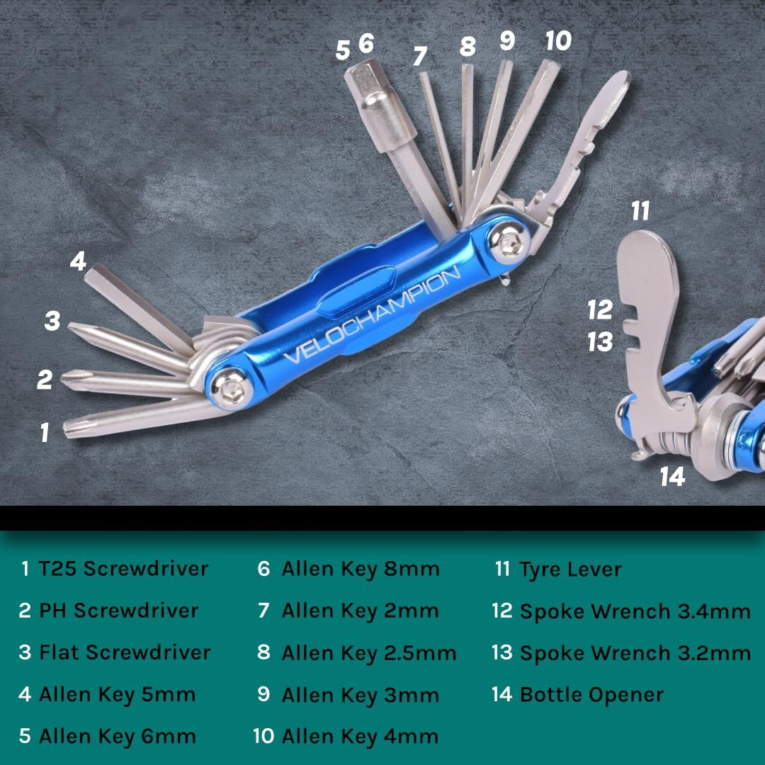 Velochampion Bike Multitool 14In1 Compact Cycling Repair Kit | Allen Keys, Spoke Wrench, Screwdriver, Tyre Lever, Bottle Opener | Portable Hardwearing Bicycle Tool + Storage Case image number 1