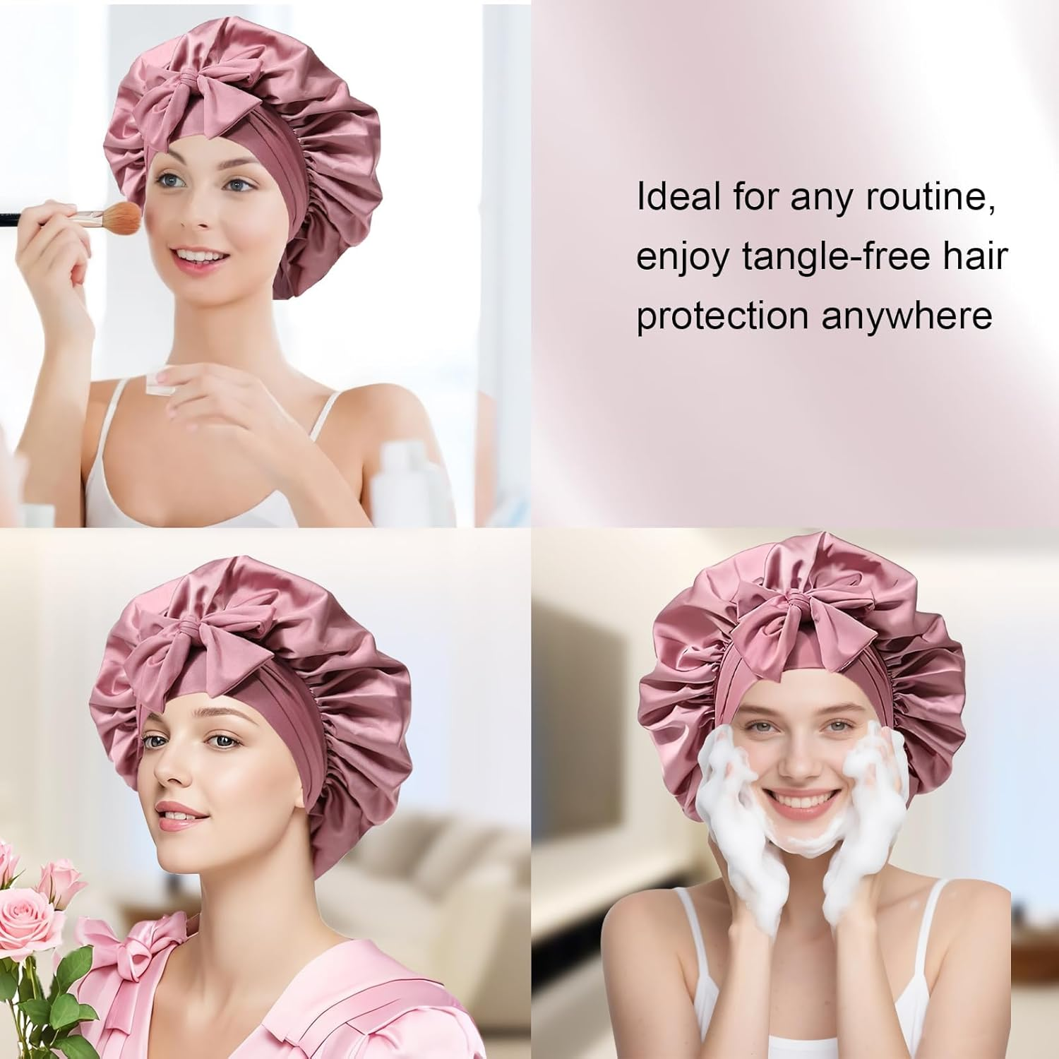 Silky Satin Bonnet for Sleeping,Single Layer Silk Satin Hair Bonnet Women with Tie Band (Bean Paste) image number 5