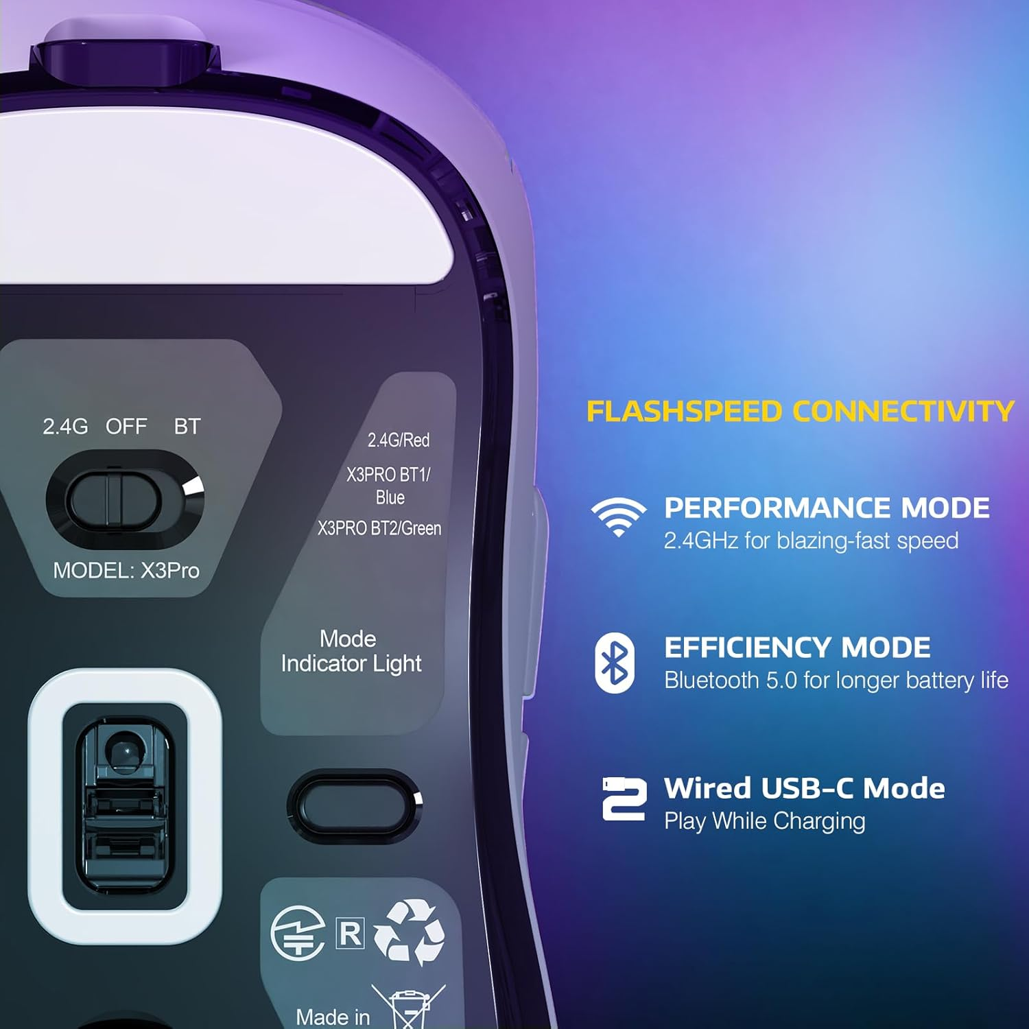 MANBASNAKE Attack Shark X3 Pro 4K/8K Hz Mouse, 59G Superlight BT/2.4G Wireless/Wired Gaming Mouse, Pixart PAW3395 Gaming Sensor, 26000 DPI, Programmable Buttons for Win11/Xbox/Ps/Mac(White) - 4/8K-Red image number 7